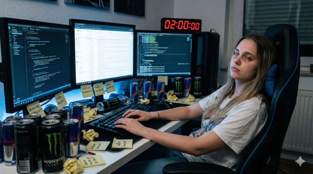 Drei Monitore, null Stunden Schlaf: Die Doppelbelastung aus Hauptjob und Freelancing fordert ihren Tribut.