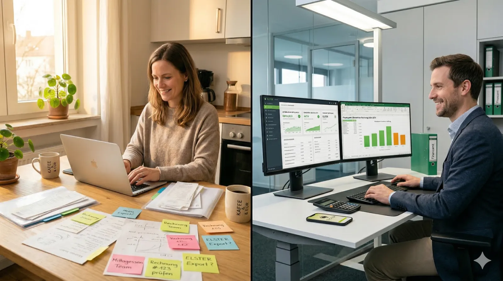 Einnahmenüberschussrechnung: Split-Screen-Motiv: Links eine Person an einem Küchentisch mit Laptop und Papierbelegen (handschriftliche Notizen, Post-its), rechts ein professionelles Büro mit zwei Monitoren und automatisierter Buchhaltungssoftware auf dem Bildschirm. Die linke Seite hat warmes Morgenlicht, die rechte kühles Bürolicht. Beide Personen lächeln. Reales Foto, Format 16:9