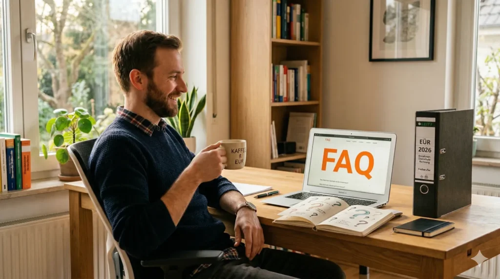 Einnahmenüberschussrechnung: Derselbe Freiberufler am Schreibtisch, aber auf dem Laptop-Bildschirm steht groß „FAQ" in orangefarbener Schrift. Neben dem Laptop ein aufgeschlagenes Notizbuch mit Fragezeichen. Warmes Seitenlicht, entspannte Stimmung. Reales Foto, Format 16:9