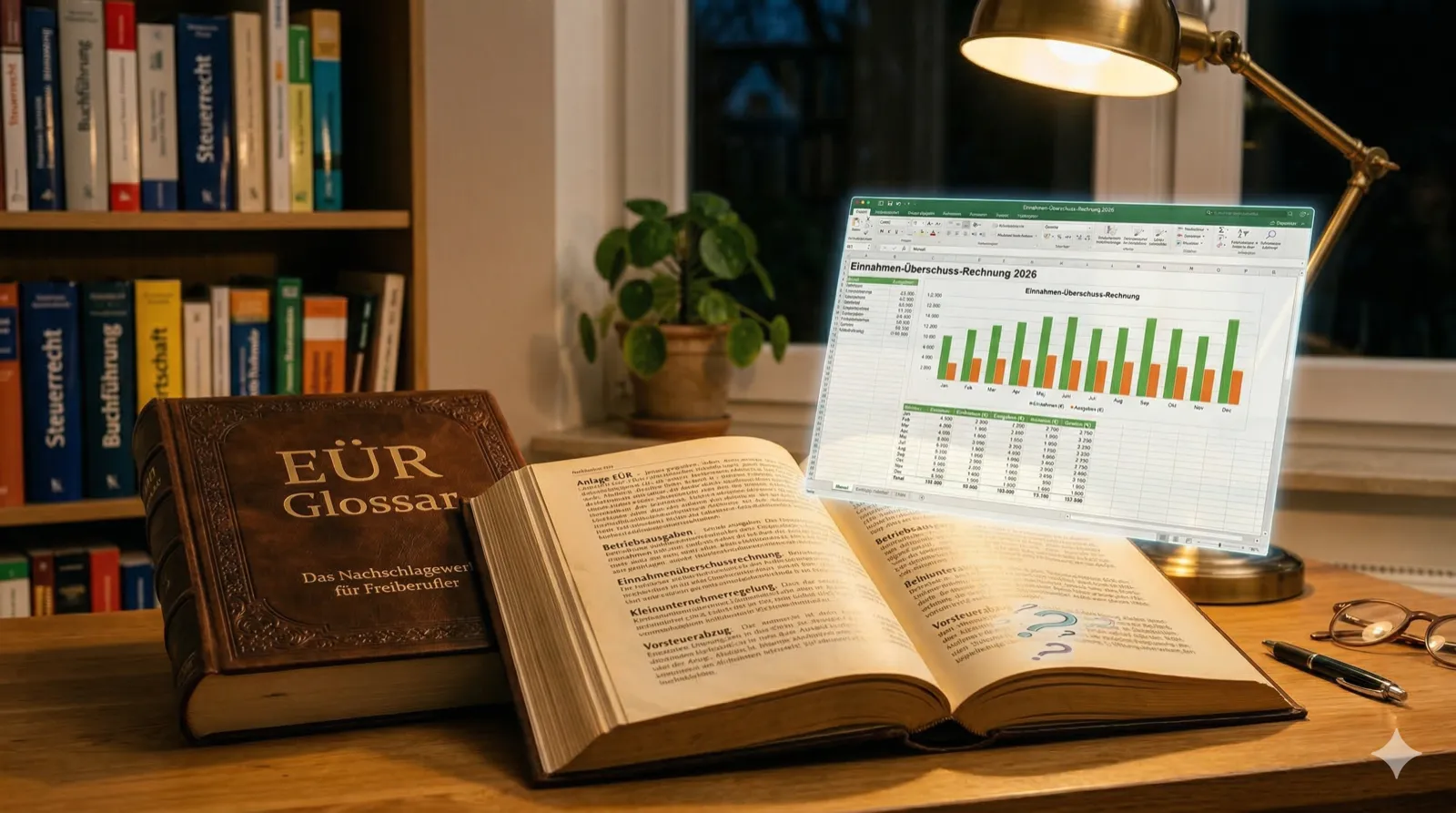 Ein aufgeschlagenes Lexikon auf einem Holztisch, darüber schwebt ein halbtransparenter Laptop-Bildschirm mit einer Tabellenkalkulation. Bücherstapel im Hintergrund, eine Leselampe leuchtet auf die Seite. Auf dem Buchdeckel steht „EÜR Glossar" in geprägter Schrift. Warmes Bibliothekslicht. Reales Foto, Format 16:9