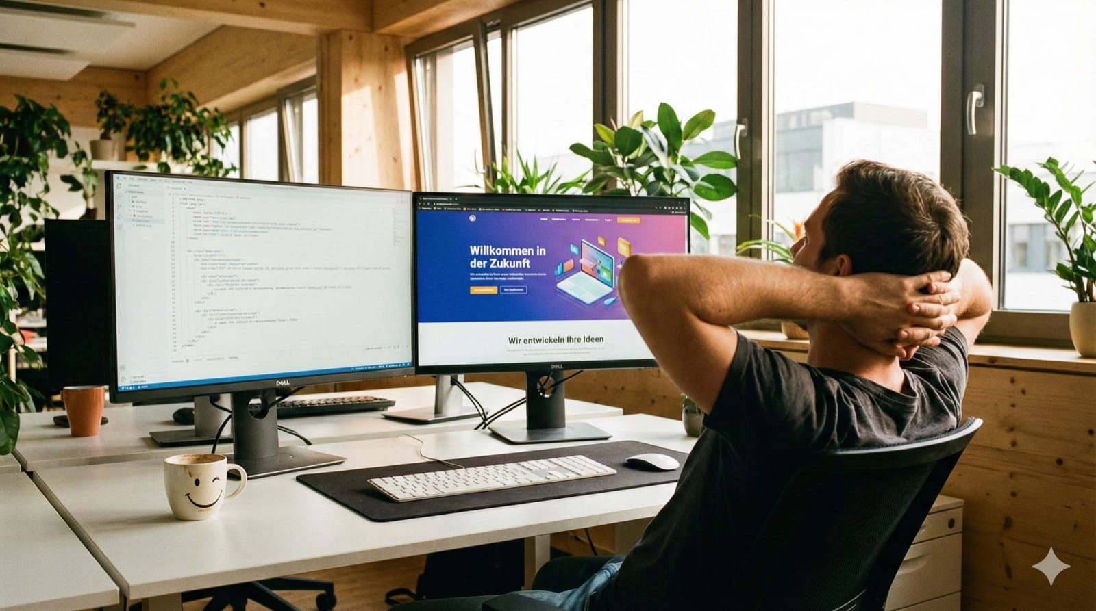 Ein Entwickler sitzt in einem hellen, modernen Büro vor zwei großen Monitoren. Auf dem linken Monitor ist sauberer HTML-Code zu sehen, auf dem rechten eine fertig gerenderte, farbenfrohe Website. Der Entwickler lehnt sich zufrieden zurück, die Hände hinter dem Kopf verschränkt. Warmes Nachmittagslicht fällt durch große Fenster. Auf dem Schreibtisch steht eine halb leere Kaffeetasse mit einem Smiley darauf. Sollte in dem Bild Text vorkommen, diesen in Deutsch ausgeben. Reales Foto, Format 16:9.