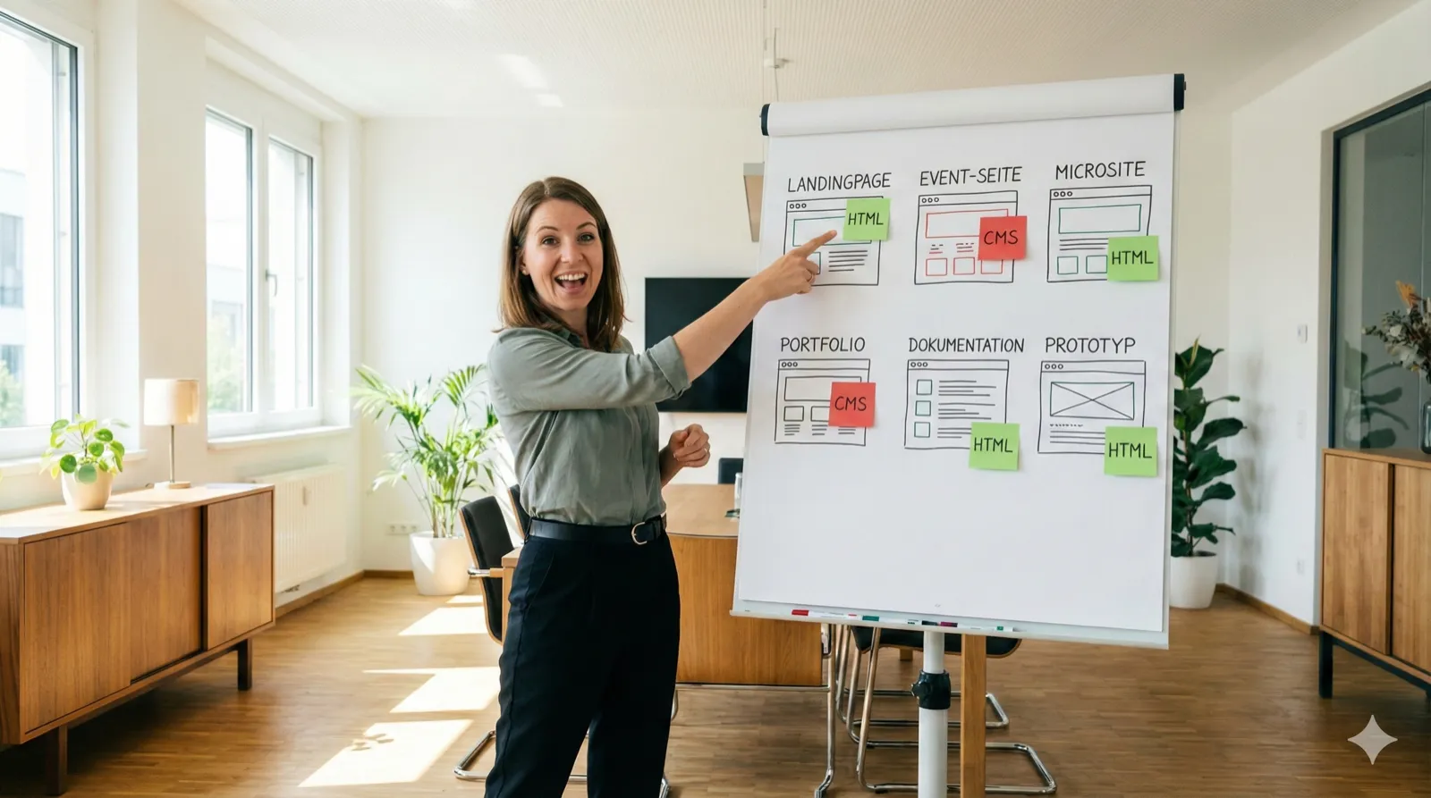 Eine Marketingmanagerin steht vor einem großen Whiteboard in einem Besprechungsraum. Auf dem Whiteboard sind mit bunten Markern sechs verschiedene Website-Typen skizziert: Landingpage, Event-Seite, Microsite, Portfolio, Dokumentation, Prototyp. Neben jedem Typ klebt ein grüner Haftzettel mit „HTML" oder ein roter mit „CMS". Die Frau deutet enthusiastisch auf die Landingpage-Skizze. Helles Bürolicht, aufgeräumter moderner Raum. Sollte in dem Bild Text vorkommen, diesen in Deutsch ausgeben. Reales Foto, Format 16:9.