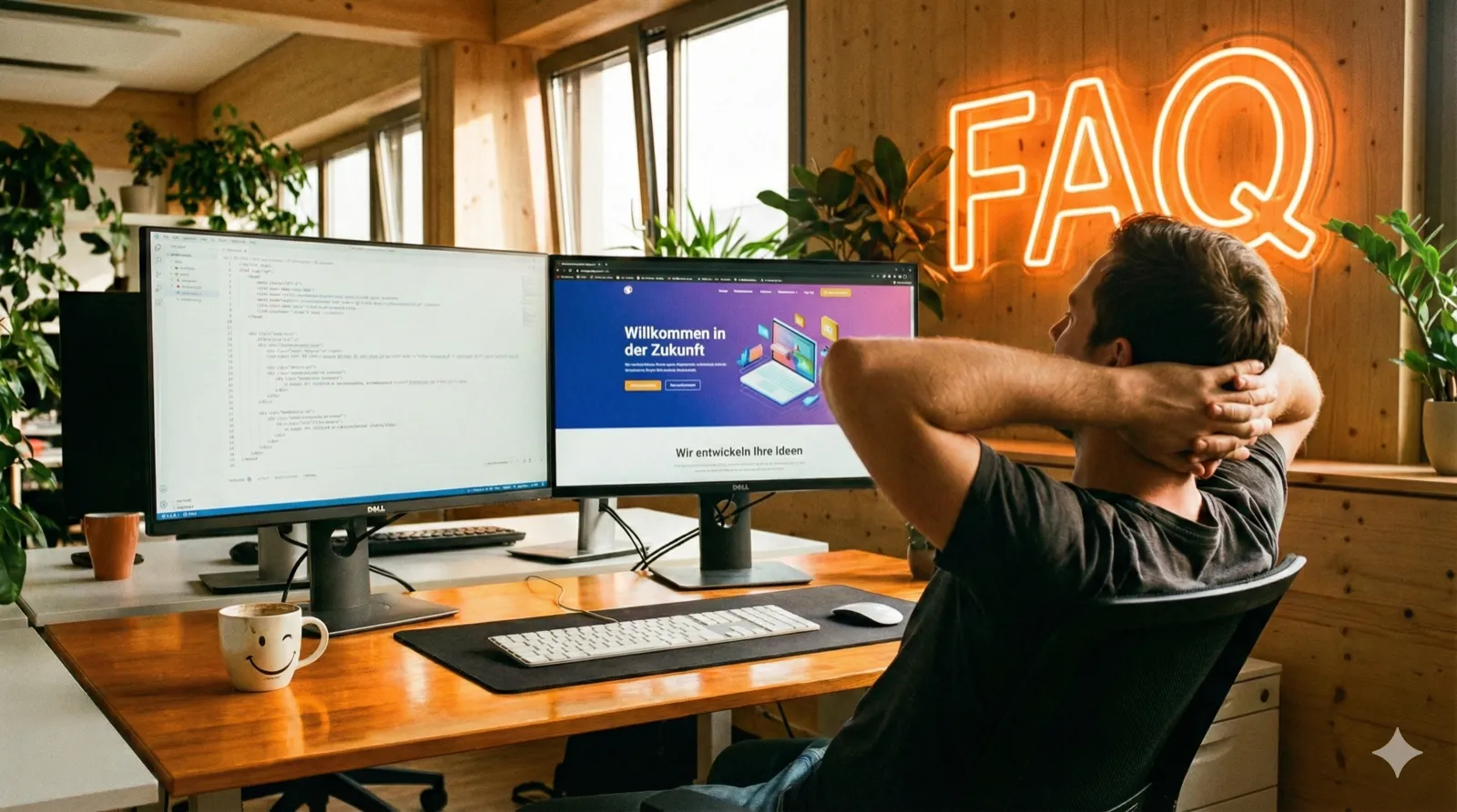 Dieselbe Szene wie beim Beitragsbild. Ein Entwickler sitzt in einem hellen Büro vor zwei Monitoren mit Code und fertiger Website. Diesmal hängt an der Wand hinter ihm ein großes, leuchtendes Neon-Schild mit der Aufschrift „FAQ" in Orange. Das Schild spiegelt sich leicht auf dem Schreibtisch. Gleiche warme Lichtstimmung. Sollte in dem Bild Text vorkommen, diesen in Deutsch ausgeben. Reales Foto, Format 16:9.