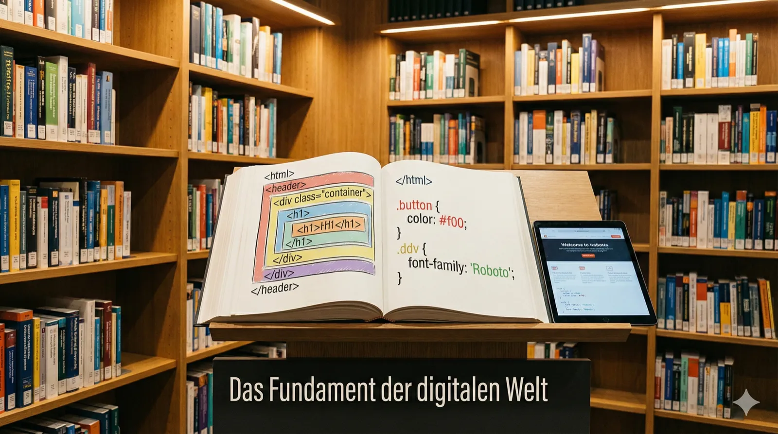 Eine gemütliche moderne Bibliothek mit Holzregalen voller technischer Bücher. In der Mitte steht ein aufgeschlagenes, übergroßes Buch auf einem Lesepult. Auf den aufgeschlagenen Seiten sind bunte HTML-Tags und CSS-Snippets zu sehen, die wie handgezeichnete Illustrationen wirken. Daneben liegt ein Tablet mit einer geöffneten Website. Warmes Bibliothekslicht, Tiefenschärfe auf das aufgeschlagene Buch. Sollte in dem Bild Text vorkommen, diesen in Deutsch ausgeben. Reales Foto, Format 16:9.