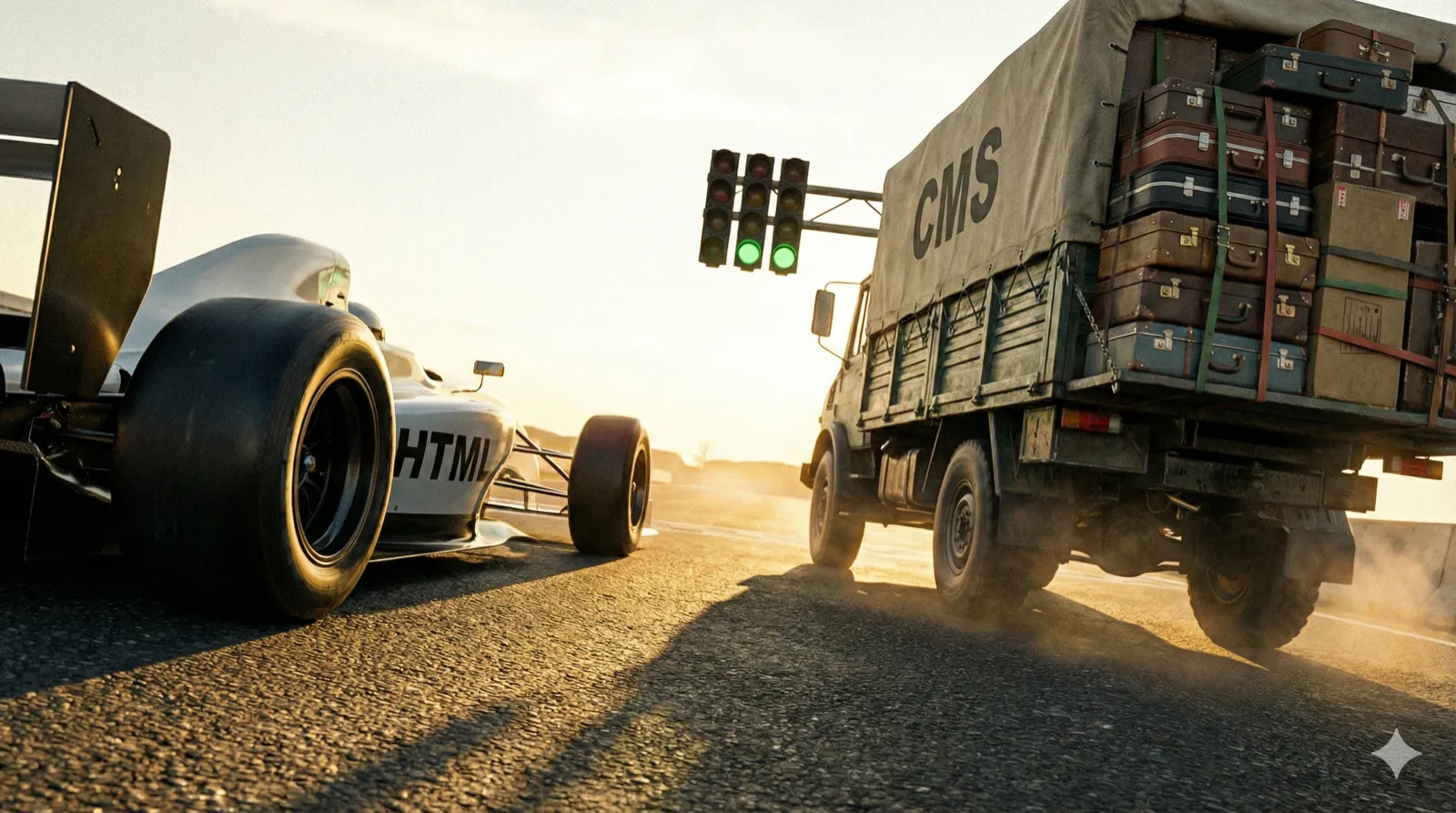 Zwei Rennwagen stehen nebeneinander an einer Startlinie. Der linke Wagen ist ein ultraleichter, aerodynamischer Formel-Rennwagen mit der Aufschrift „HTML" auf der Seite. Der rechte ist ein schwerer, überladener Truck mit Dutzenden angeschnallten Koffern und der Aufschrift „CMS" auf der Plane. Ein Startschuss-Lichtsignal zeigt Grün. Dynamische Froschperspektive, dramatisches Licht. Sollte in dem Bild Text vorkommen, diesen in Deutsch ausgeben. Reales Foto, Format 16:9.