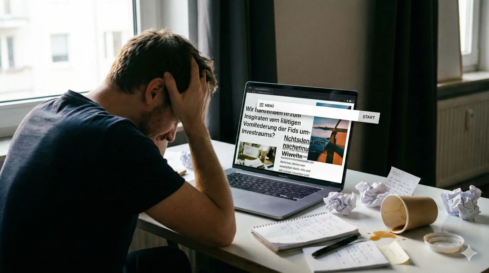 Ein Entwickler sitzt frustriert vor seinem Laptop. Auf dem Bildschirm ist eine komplett zerbrochene Website zu sehen, deren Elemente sich wild überlappen. Text ragt über Bilder hinaus, die Navigation schwebt frei im Raum. Der Entwickler fasst sich mit beiden Händen an den Kopf. Auf seinem Schreibtisch liegen zerknüllte Notizzettel und ein umgefallener Kaffeebecher. Dramatisches Seitenlicht, leichtes Chaos. Sollte in dem Bild Text vorkommen, diesen in Deutsch ausgeben. Reales Foto, Format 16:9.