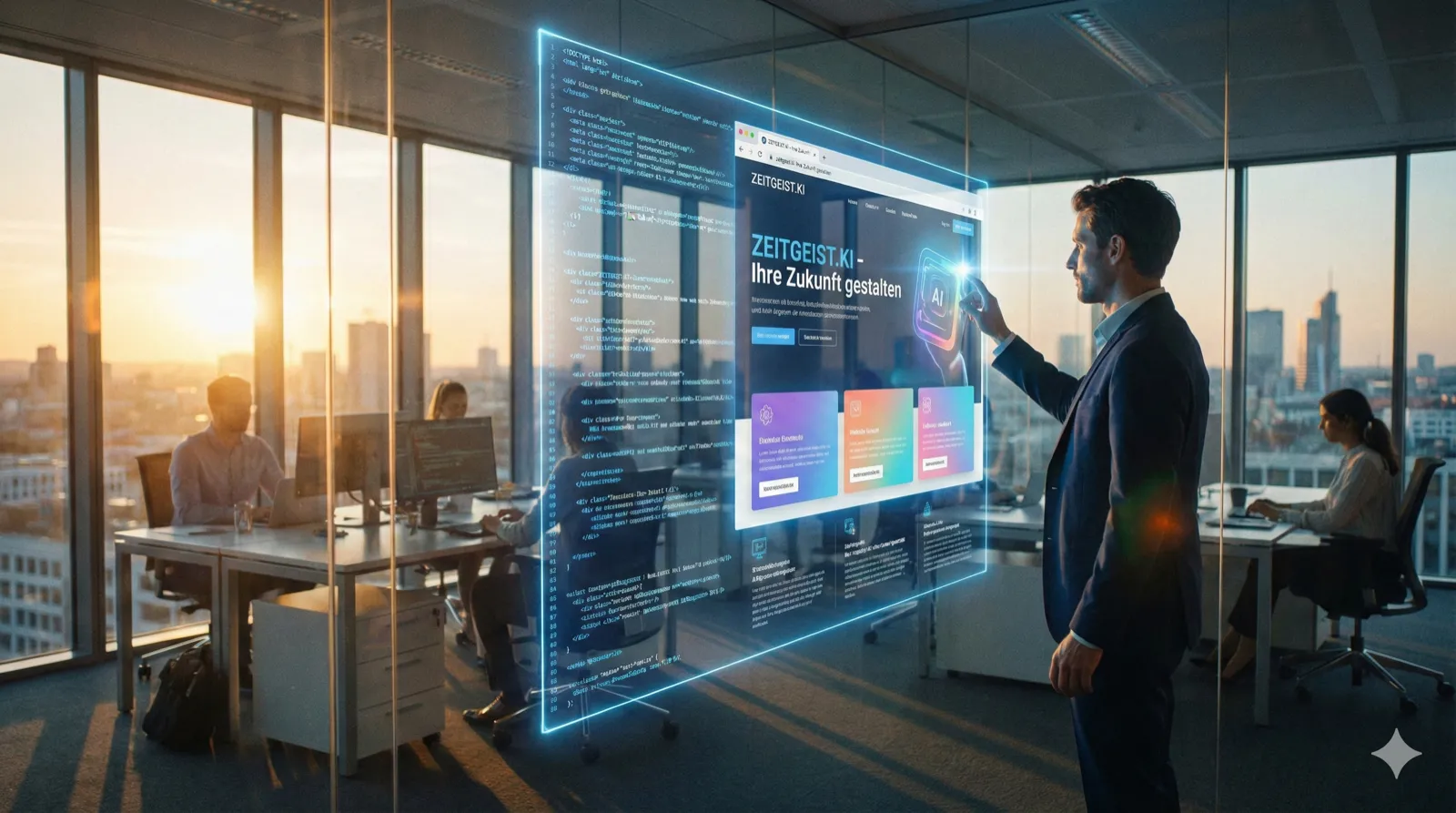 Eine futuristische Szene in einem gläsernen Büro. Ein Mann spricht mit einem großen, holografischen KI-Interface, das in der Luft schwebt. Auf dem Hologramm materialisiert sich Schritt für Schritt eine Website aus Codezeilen, die sich in bunte UI-Elemente verwandeln. Im Hintergrund arbeiten Kollegen an regulären Bildschirmen. Blaues, kühles Licht mischt sich mit warmem Tageslicht. Leichte Lens-Flares. Sollte in dem Bild Text vorkommen, diesen in Deutsch ausgeben. Reales Foto, Format 16:9.