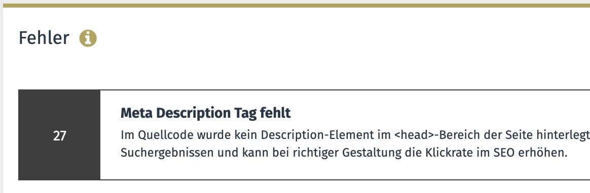 Bei 27 Artikeln fehlt die Meta Description.