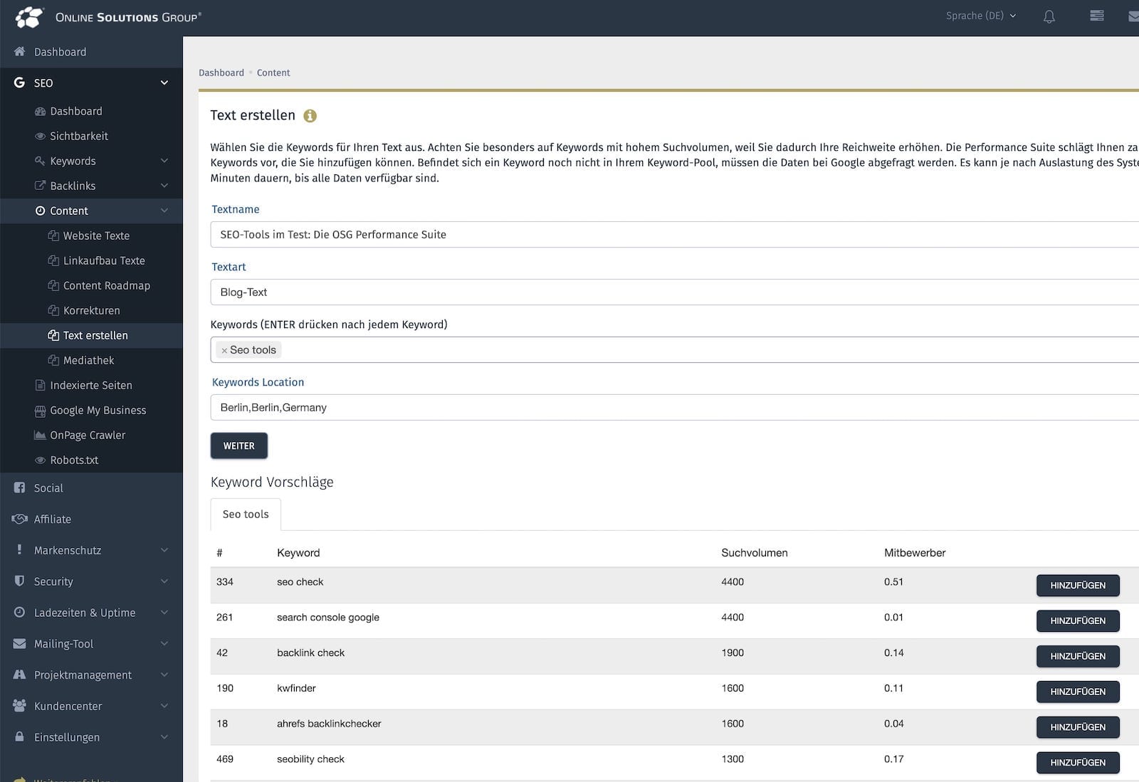 Keyword-Recherche in der Performance Suite.