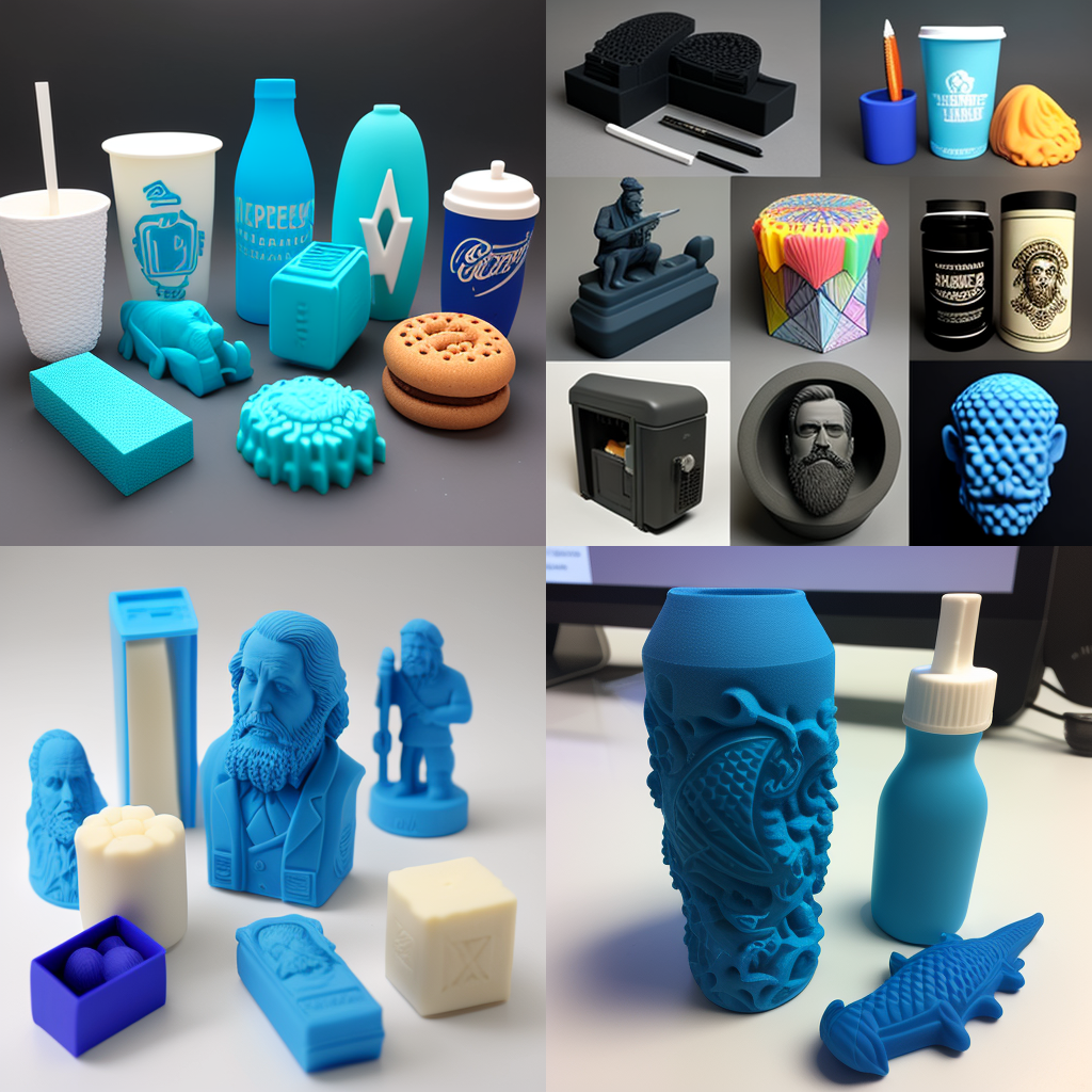 4 Fotos von Beispielen 3D-gedruckter Werbeartikel.