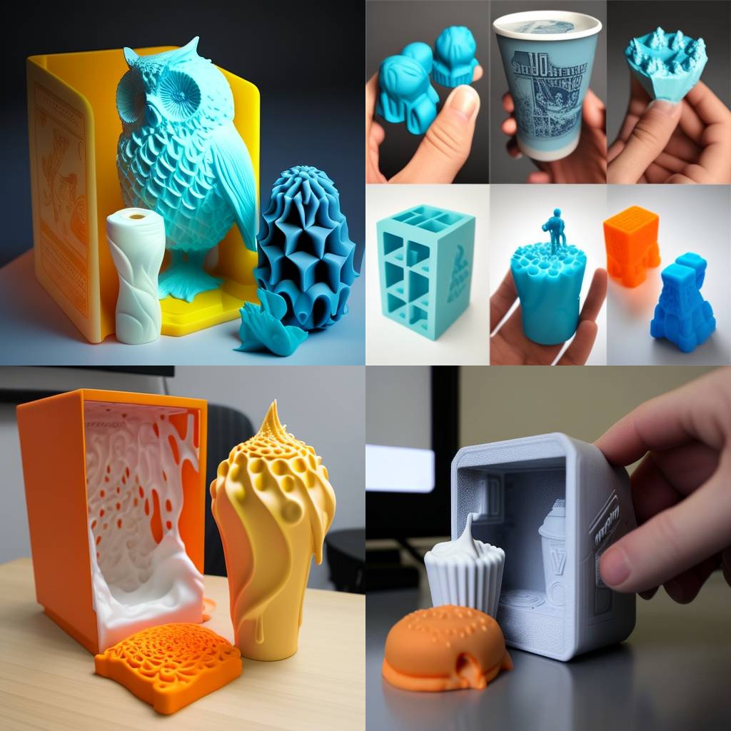 4 Fotos von Beispielen 3D-gedruckter Werbeartikel.