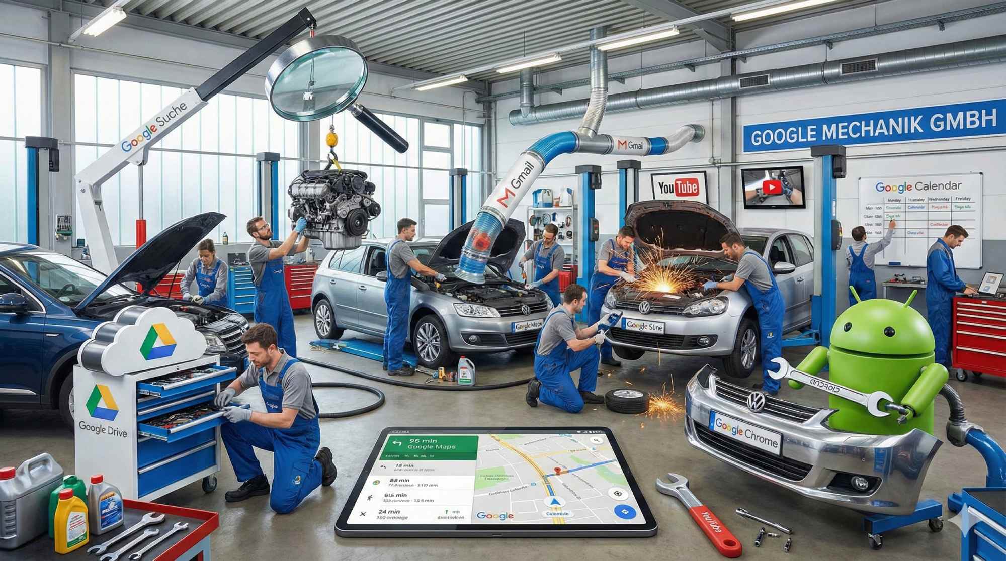 isualisierung des Google-Ökosystems als bunte Kfz-Werkstatt, in der über 55 Google Tools als farbige Werkzeuge an einer Werkzeugwand hängen. Von Schraubenschlüsseln mit Google-Logos bis zu Diagnosegeräten mit Analytics-Anzeigen steht jedes Werkzeug für einen Dienst im Google-Universum.