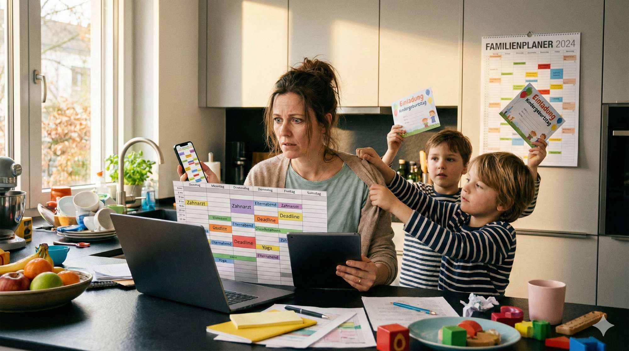 Der typische Dienstagmorgen in einer Familie mit zwei schulpflichtigen Kindern und drei nicht synchronisierten Kalender Apps.