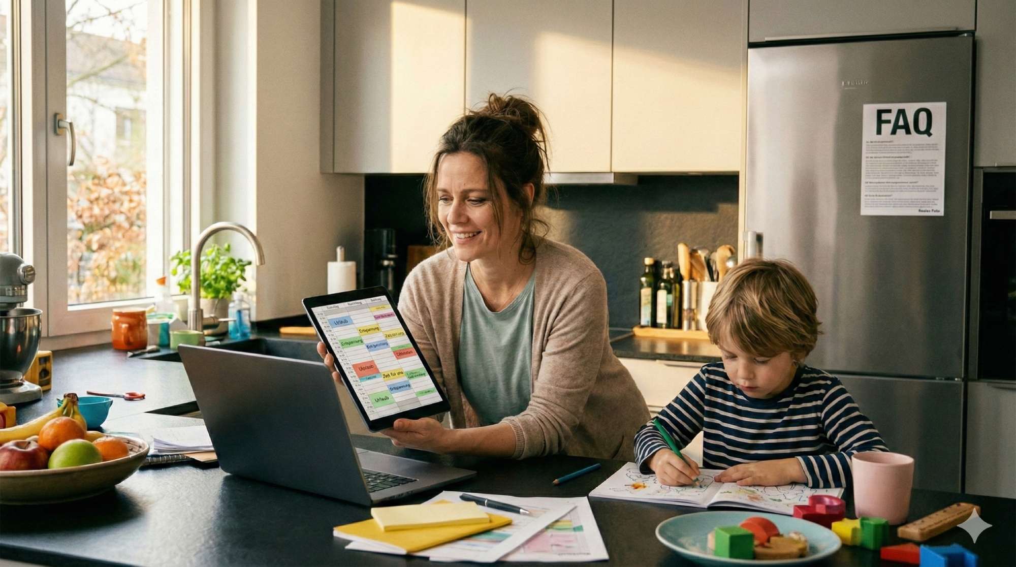 Der typische Dienstagmorgen in einer Familie mit zwei schulpflichtigen Kindern und drei nicht synchronisierten Kalendern.
