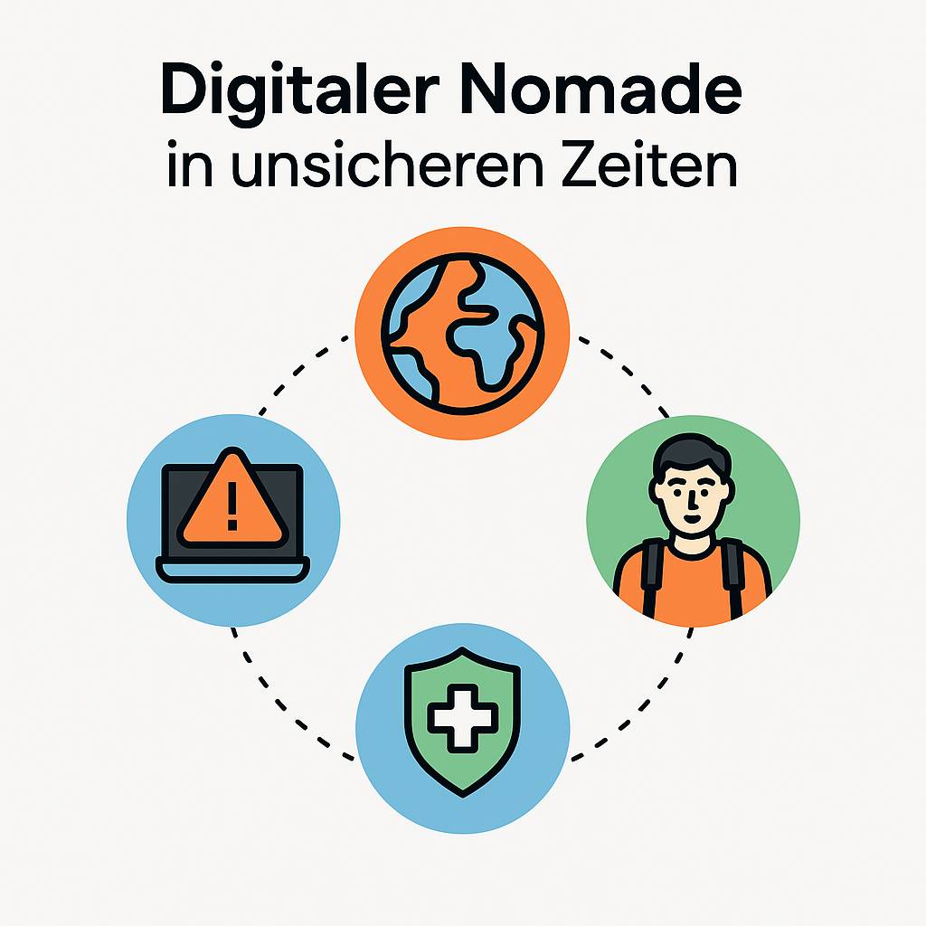 Die Infografik veranschaulicht, wie ein Digitaler Nomade in unsicheren Zeiten flexibel bleibt: geopolitische Entwicklungen im Blick behalten, Notfallstrategien vorbereiten, Cyberrisiken minimieren und persönliche Vorsorge ernst nehmen. Alle Faktoren greifen ineinander und sichern Ihre Handlungsfähigkeit unterwegs.