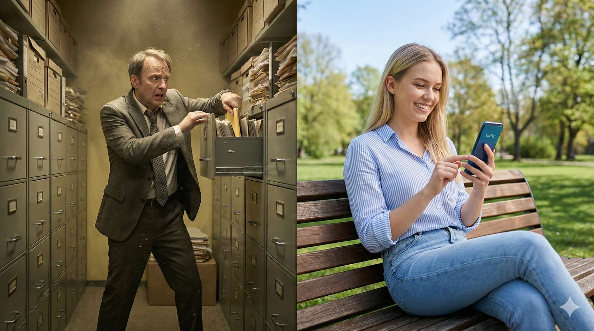 Links: 218 Stunden pro Jahr. Rechts: 3 Minuten. Der Unterschied heißt Digitalisierung.