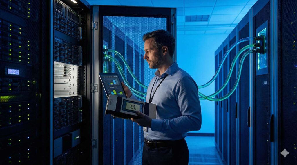 Ein IT-Administrator steht vor einer geöffneten Server-Rack-Tür in einem blau beleuchteten Rechenzentrum. In der Hand hält er nachdenklich eine massive NVIDIA-Grafikkarte, während im Hintergrund leuchtende Kühlschläuche einer Flüssigkeitskühlungsanlage sichtbar sind. Sein Blick schweift zwischen der GPU und einem Tablet mit Kostendiagrammen. Dramatisches Seitenlicht, moderne Datacenter-Ästhetik. 16:9, fotorealistisch.
