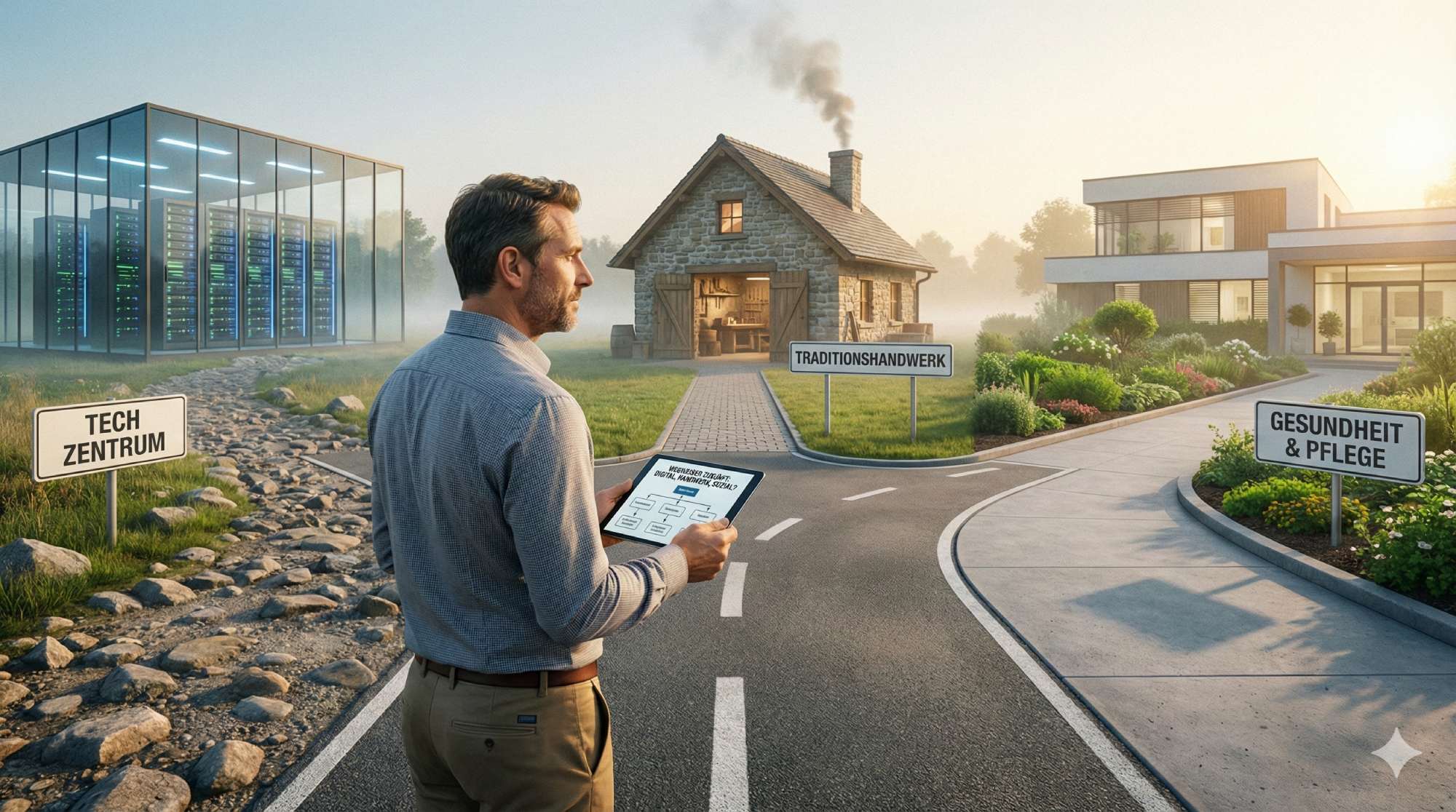 Ein Mann Mitte 40 in Business-Casual-Kleidung steht an einer Weggabelung, die sich in drei völlig unterschiedliche Pfade teilt. Links führt ein steiniger Pfad zu einem futuristischen Glasgebäude mit leuchtenden Serverfarmen, geradeaus ein gepflasterter Weg zu einem gemütlichen Handwerksbetrieb mit dampfendem Schornstein, rechts eine moderne Betonstraße zu einem Pflegezentrum mit grünem Garten. Der Mann hält ein Tablet in der Hand und schaut nachdenklich auf die Wege. Warmes Morgenlicht, leichter Nebel in der Ferne.
