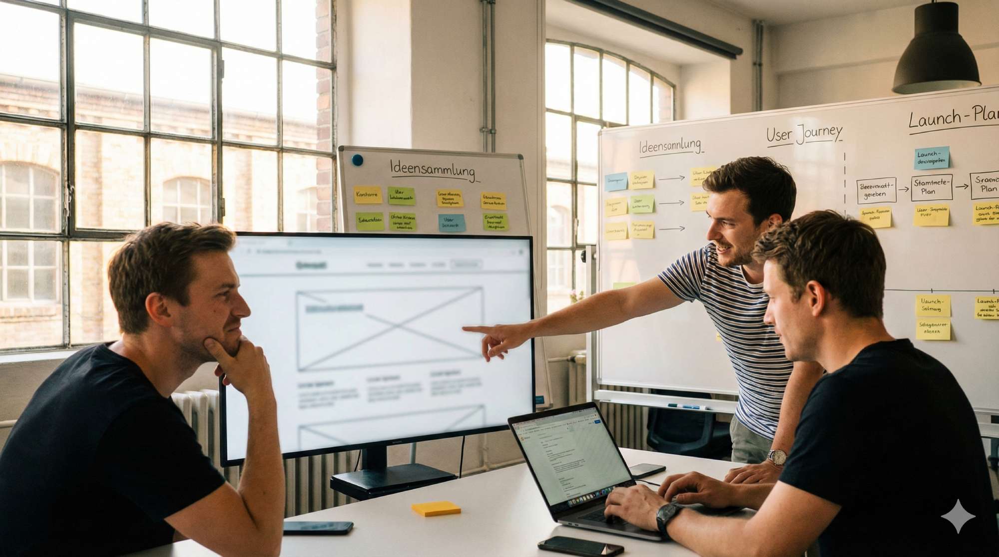 Website Betreuung Ein Gründerteam in einem modernen Coworking-Space, drei Personen um einen großen Monitor versammelt. Auf dem Bildschirm ist verschwommen eine Website-Wireframe zu erkennen. Eine Person zeigt enthusiastisch auf den Screen, eine andere schüttelt skeptisch den Kopf, die dritte tippt bereits auf einem Laptop. Warmes Nachmittagslicht fällt durch große Industriefenster. Im Hintergrund Whiteboards mit Post-its und Flowcharts. Die Körpersprache zeigt die typische Startup-Dynamik: energiegeladen, diskutierend, leicht chaotisch.
