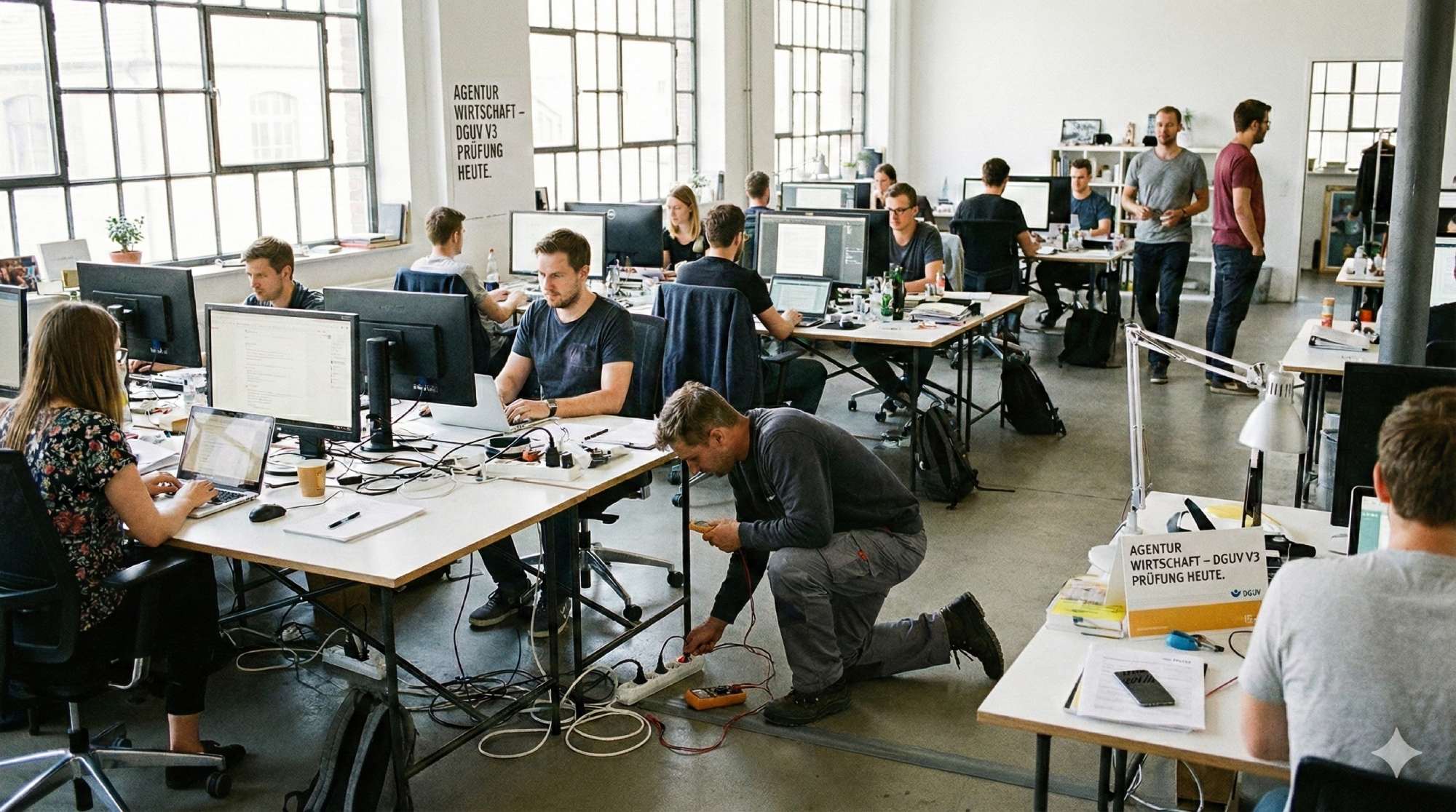 Ein modernes Großraumbüro einer Agentur aus leichter Vogelperspektive, Dutzende Bildschirme, Laptops und Kabelgewirr sichtbar, ein einzelner Prüfer in Arbeitskleidung mit Messgerät kniet unter einem Schreibtisch und untersucht eine Mehrfachsteckdose, während die Mitarbeiter ringsum konzentriert weiterarbeiten, natürliches Tageslicht durch große Fenster, professionelle aber lebendige Atmosphäre, sollte in dem Bild Text vorkommen, diesen in Deutsch ausgeben, reales Foto, Format 16:9