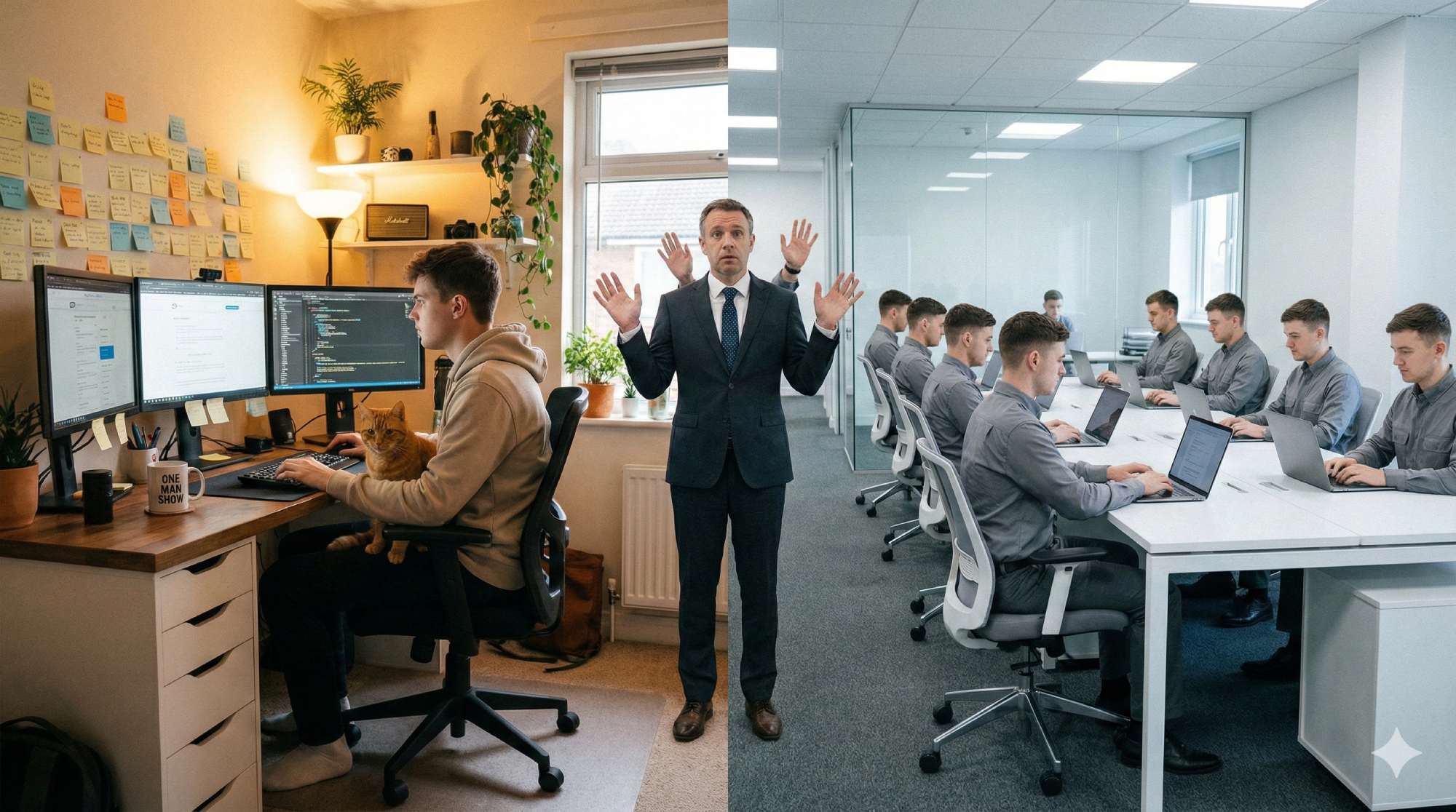 Die Qual der Wahl: Persönliche Betreuung beim Einzelkämpfer oder Manpower im Großraumbüro.