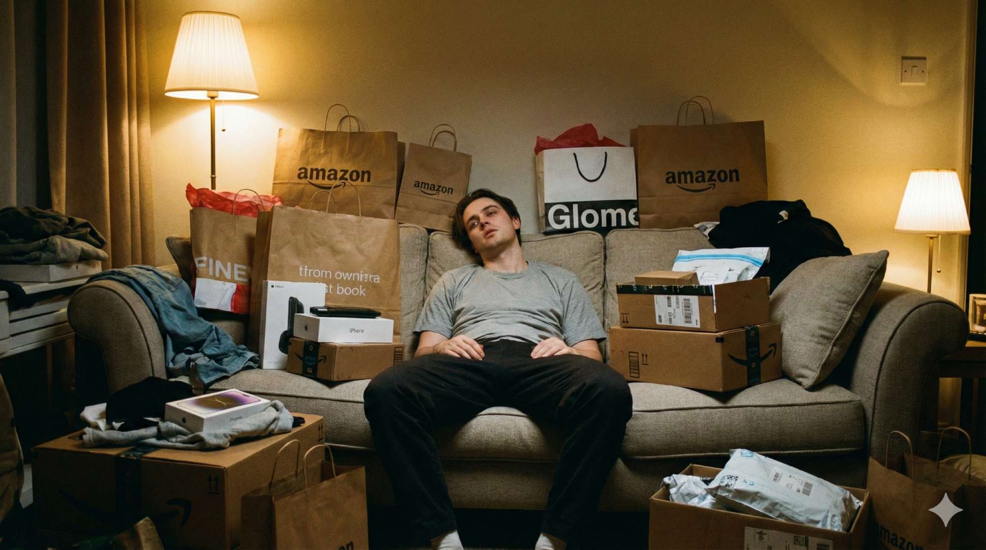 Hedonistische Tretmühle:
Die Einkäufe sind ausgepackt, die Freude längst verflogen: Mehr Besitz füllt Räume, aber nicht die Leere.