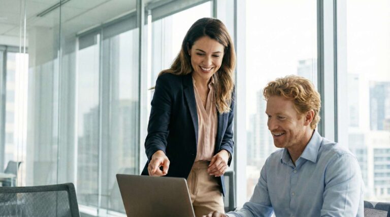 Professionelles Foto einer modernen Beratungssituation in einem hellen B&uuml;ro mit Glasw&auml;nden. Eine Beraterin im Business-Casual-Outfit zeigt einem Kunden etwas auf einem Laptop-Bildschirm. Beide l&auml;cheln, positive und vertrauensvolle Atmosph&auml;re. Im Hintergrund verschwommen eine Stadtsilhouette. Warmes, nat&uuml;rliches Licht. Format 16:9, reales Foto.