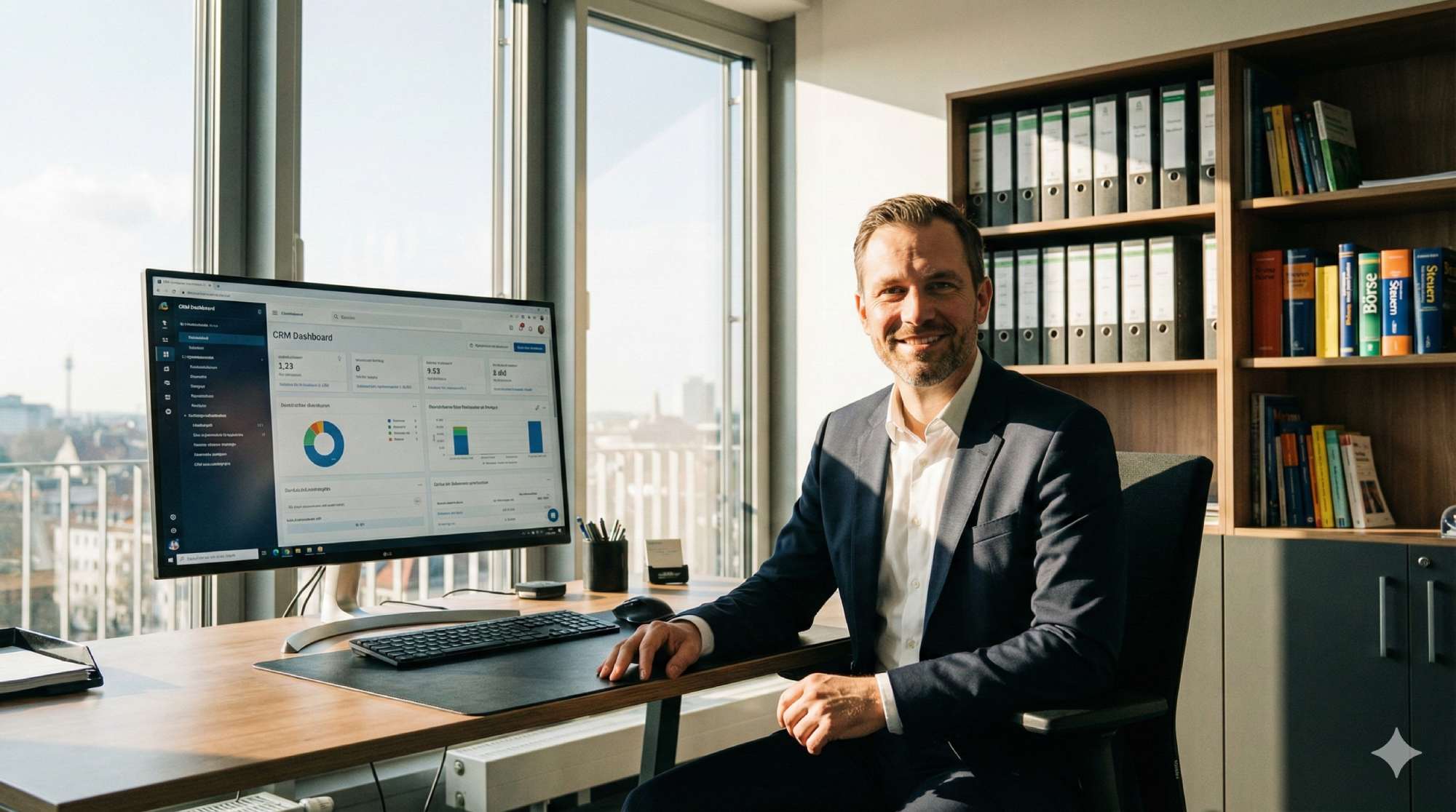 HubSpot: Modernes Büro eines erfolgreichen Finanzberaters in Deutschland, helle freundliche Atmosphäre, aufgeräumter Schreibtisch mit großem Bildschirm auf dem ein CRM-Dashboard zu sehen ist, im Hintergrund Bücherregal mit Ordnern und Finanzliteratur, warmes natürliches Licht durch bodentiefe Fenster, professionelle aber einladende Stimmung, der Berater (Mann, 40er, Anzug ohne Krawatte) lächelt selbstbewusst in die Kamera