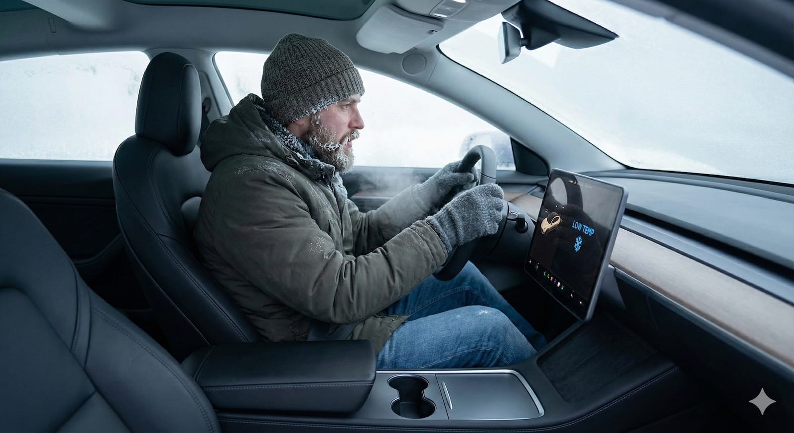 Reichweiten-Rechner für E-Autos: Lohnt sich die Wärmepumpe? Ein Autofahrer sitzt frierend mit Mütze und Handschuhen im Auto.