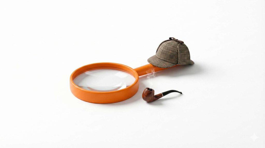 Hier ist die Übersetzung ins Deutsche: Minimalistische Fotografie mit Weißraum, Ästhetik im Apple-Stil. Eine einzelne, leuchtend orangefarbene Lupe liegt flach auf einem reinweißen Hintergrund, betrachtet von oben aus einem leichten Winkel. Die Lupe ist groß und prominent in der Bildmitte platziert. Saubere, helle Beleuchtung mit weichen Schatten. Professionelle, reduzierte, intelligente Atmosphäre.