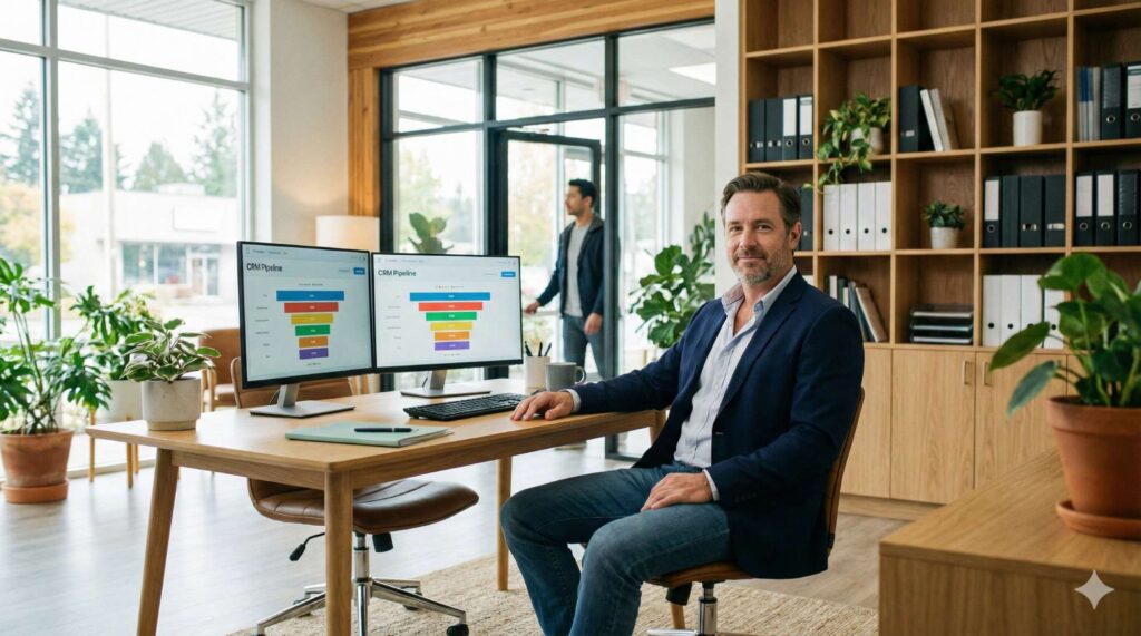 Modernes Maklerbüro mit großen Fenstern und Tageslicht. Ein Versicherungsmakler Mitte 40 sitzt entspannt an einem aufgeräumten Schreibtisch mit zwei Monitoren, auf denen eine übersichtliche CRM-Software mit farbigen Pipeline-Grafiken zu sehen ist. Im Hintergrund Aktenordner und ein Kunde, der gerade das Büro betritt. Warme, professionelle Atmosphäre mit Holzelementen und Grünpflanzen. Der Makler wirkt kompetent und freundlich, trägt Business-Casual-Kleidung. Realistische Fotografie, Format 16:9, helle Lichtstimmung.