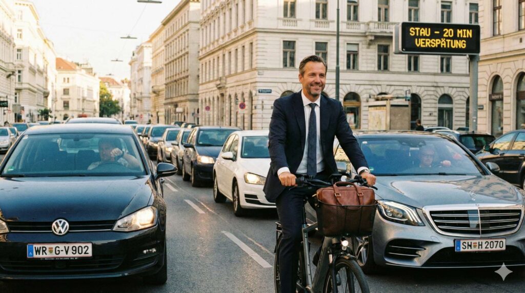 Frisur sitzt. Krawatte hält. Vorfahrt für den E-Biker. ✌🏽