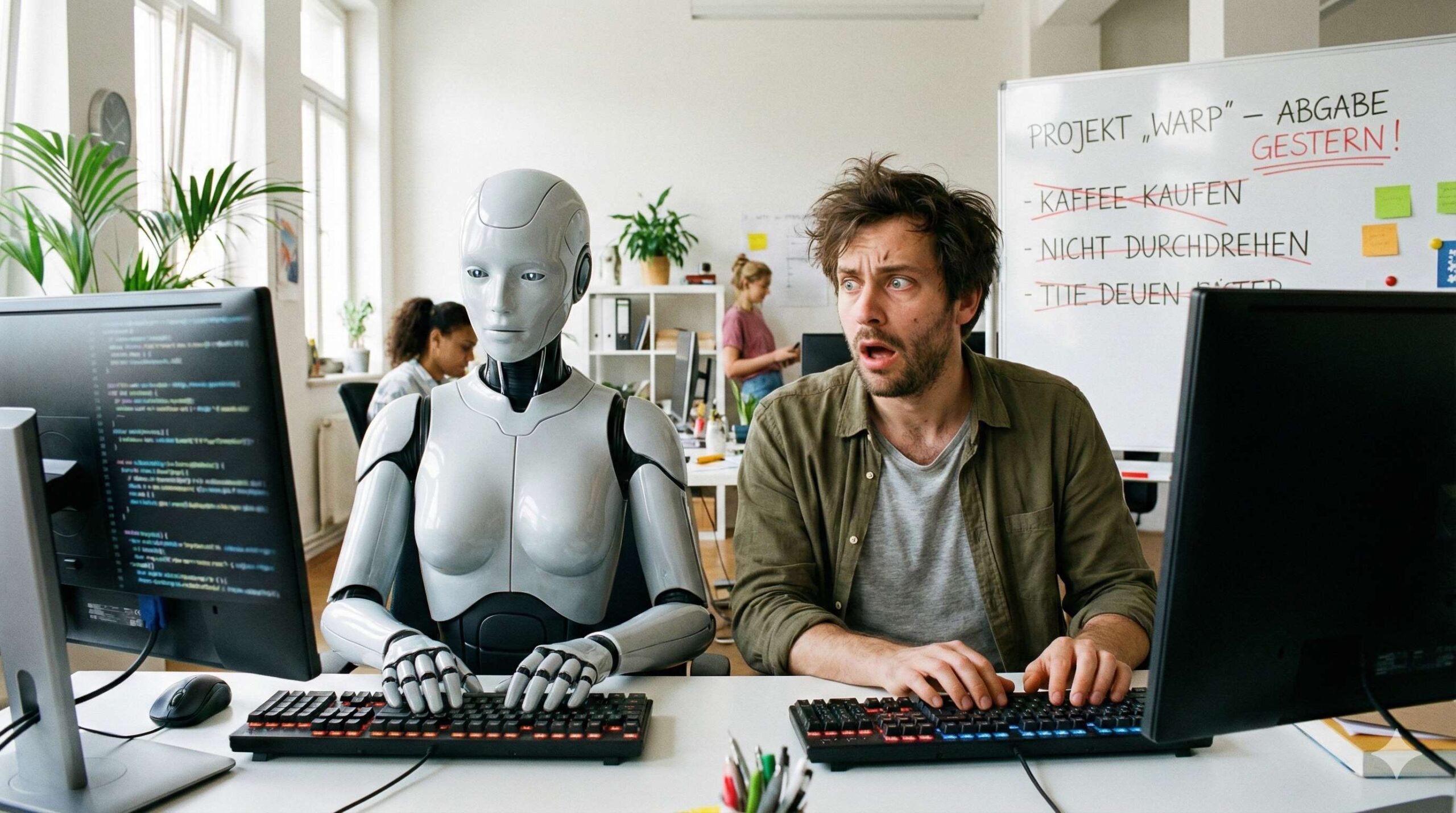 Mensch und Maschine am Schreibtisch: KI-Editoren wie Cursor und Windsurf schreiben Code schneller, als Sie tippen können.