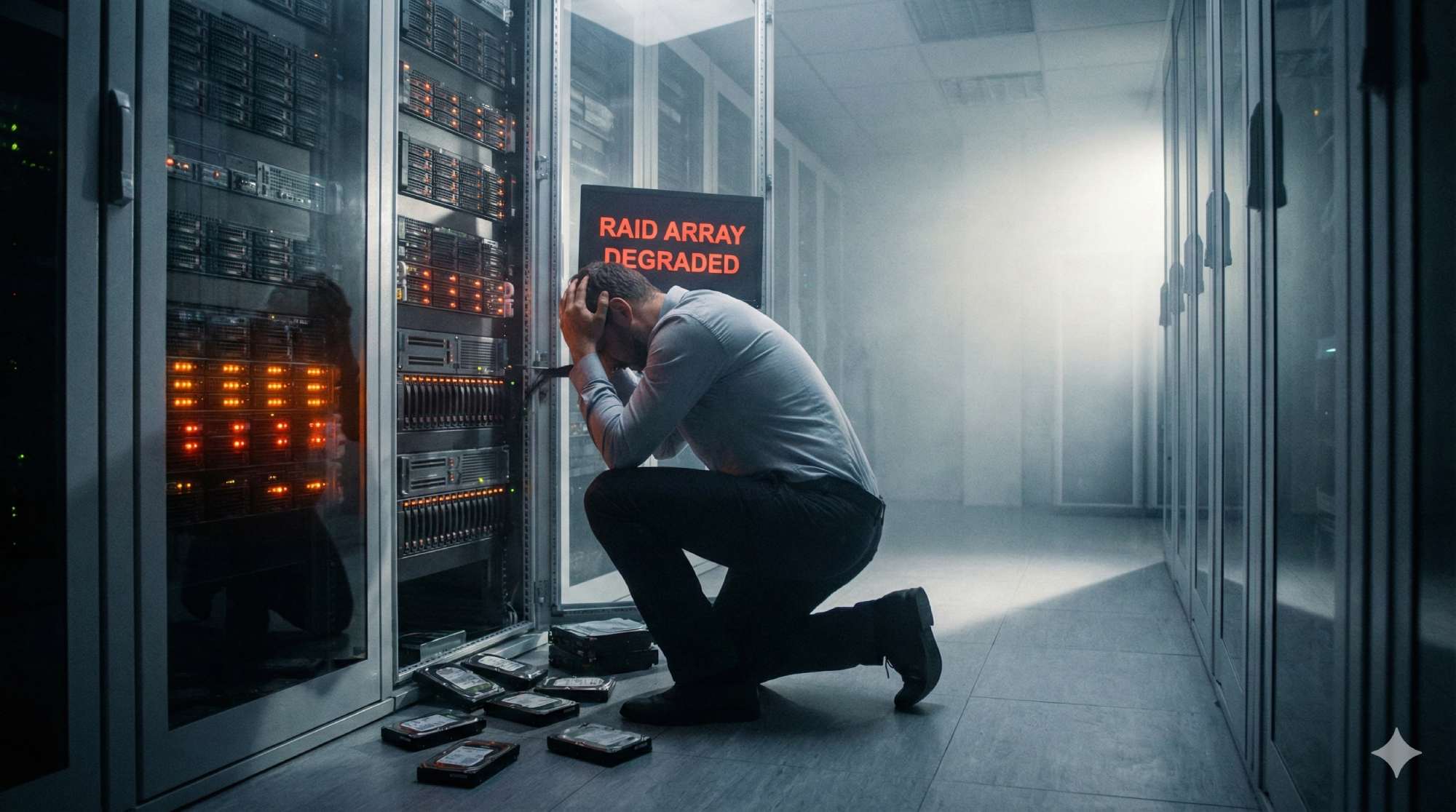 Ein IT-Techniker kniet frustriert vor einem offenen Server-Rack in einem klimatisierten Serverraum, umgeben von blinkenden Status-LEDs in Orange und Rot. Auf einem Bildschirm im Hintergrund leuchtet eine dramatische Fehlermeldung "RAID Array Degraded" in roter Schrift. Mehrere herausgezogene Festplatten liegen unordentlich auf dem Boden neben dem Techniker. Dramatisches Seitenlicht, leichter Nebel von der Klimaanlage, Weitwinkel-Perspektive.