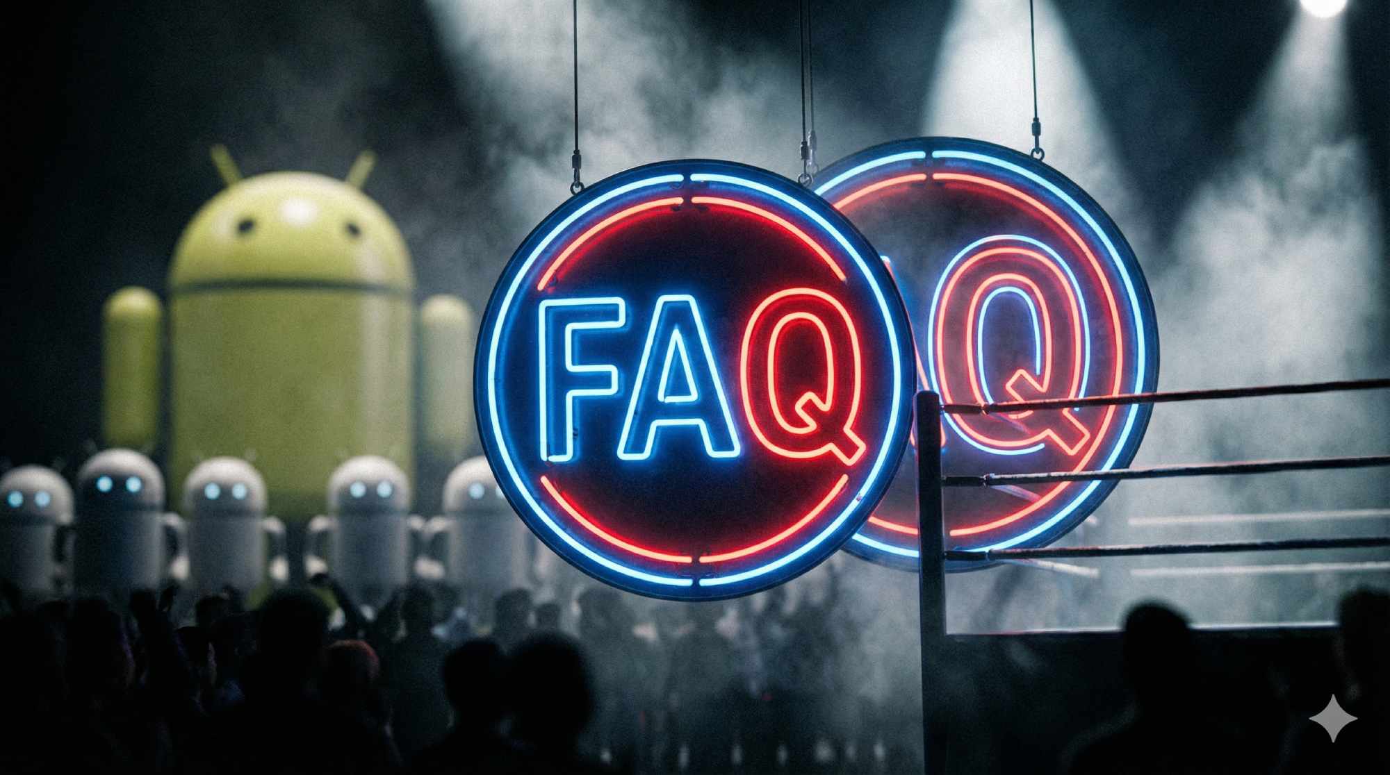 Gleiche Boxring-Szene wie das Beitragsbild, aber zwischen den Seilen hängt ein großes beleuchtetes Schild mit der Aufschrift "FAQ" in Neonlettern, als wäre es ein Rundenzeiger, dramatisches Licht, Rauch, die Roboter-Boxer sind im Hintergrund verschwommen sichtbar, Fokus auf dem leuchtenden FAQ-Schild,