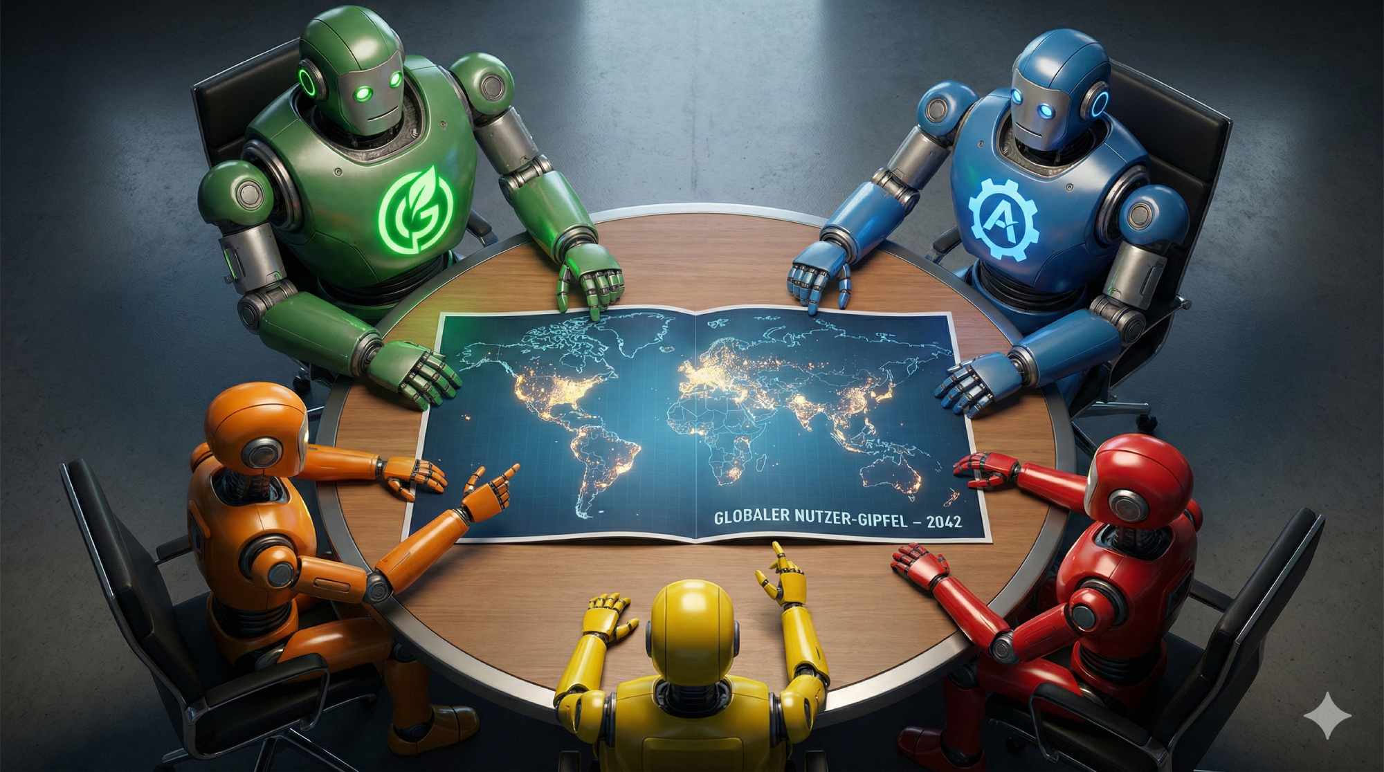 Ein runder Konferenztisch von oben fotografiert, an dem fünf verschiedene Roboter-Figuren sitzen, jeder in einer anderen Farbe und Größe, der größte trägt ein grünes Logo, der zweitgrößte ein blaues, sie verhandeln über eine aufgeklappte Weltkarte in der Mitte des Tisches, auf der leuchtende Punkte die Nutzerverteilung zeigen, cinematische Beleuchtung von oben