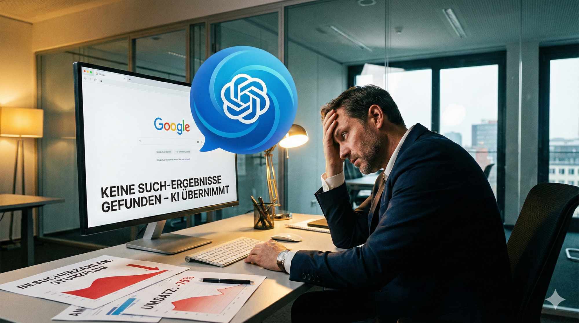 Ein frustrierter Geschäftsmann in einem modernen Büro starrt auf seinen großen Monitor, auf dem eine leere Google-Suchergebnis-Seite zu sehen ist, wo alle Ergebnisse von einer riesigen blauen KI-Blase überdeckt werden, auf seinem Schreibtisch liegen Analytics-Ausdrucke mit dramatisch fallenden Kurven in rot, warmes Bürolicht von der Seite, der Mann hat den Kopf in eine Hand gestützt