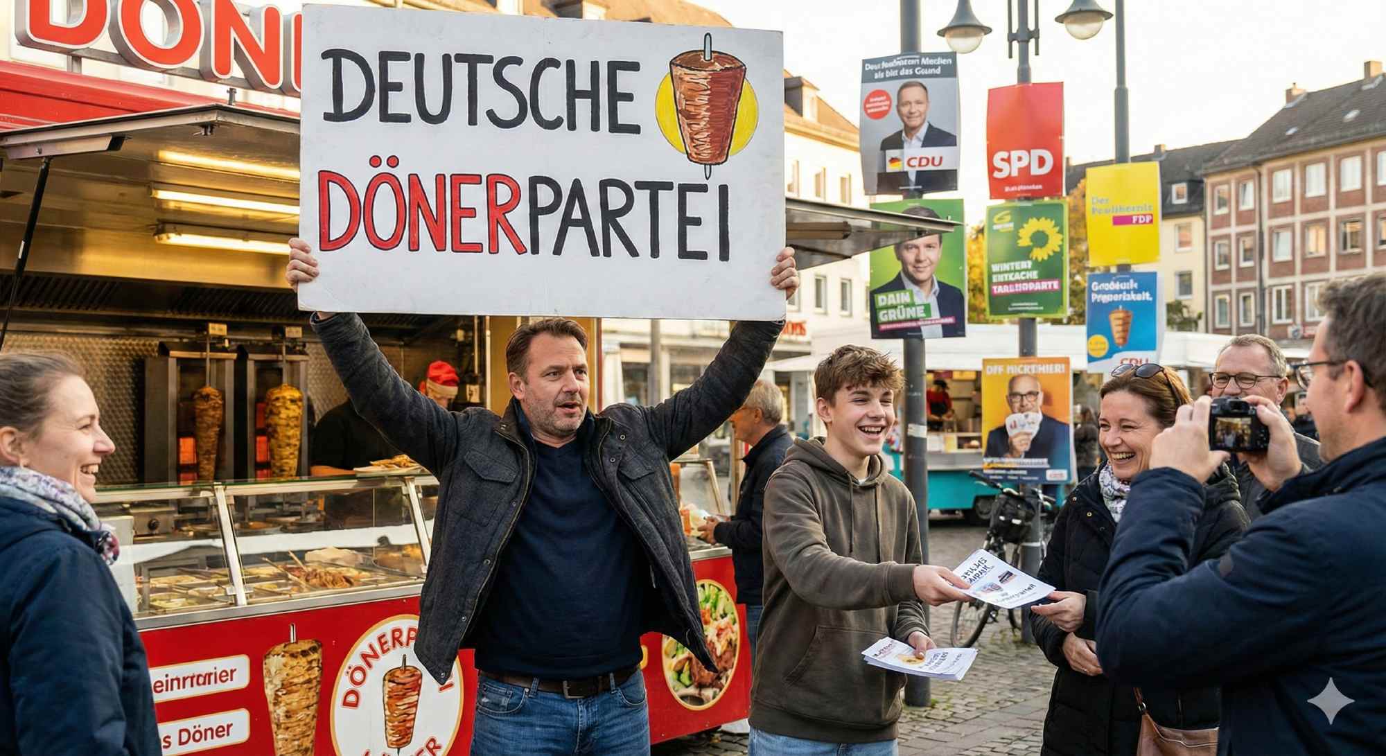 Ein Vater und sein Teenager-Sohn stehen an einem belebten Dönerstand auf einem deutschen Marktplatz. Der Vater hält theatralisch ein handgemaltes Wahlplakat hoch mit der Aufschrift „Deutsche Dönerpartei" und einem gezeichneten Döner-Logo. Der Sohn grinst und verteilt selbstgemachte Flyer an amüsierte Passanten. Im Hintergrund hängen echte Wahlplakate verschiedener Parteien an Laternen. Warmes Nachmittagslicht, lebhafte Atmosphäre, leicht satirische Stimmung.