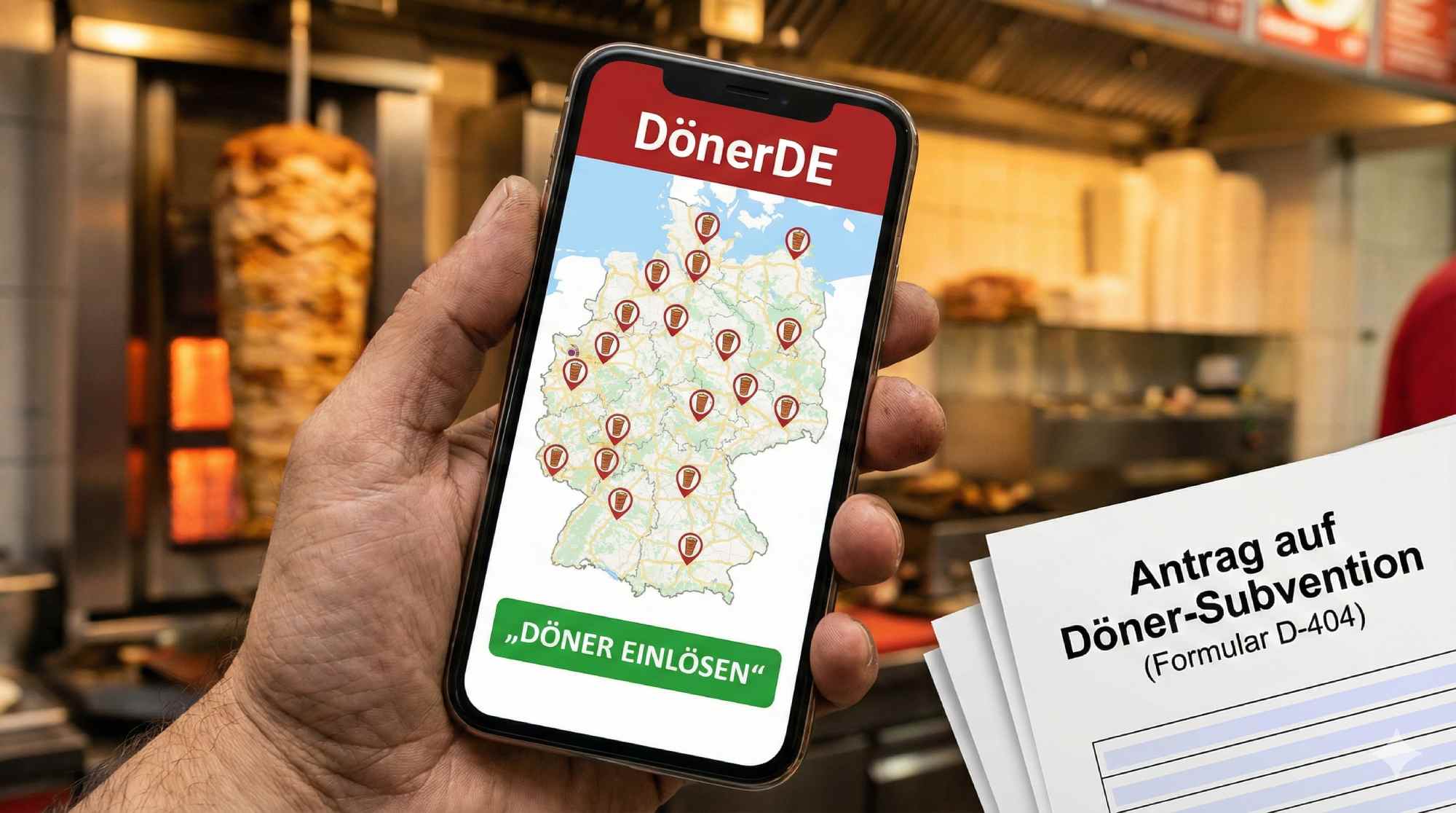 Eine Nahaufnahme eines Smartphones, das eine fiktive App namens „DönerDE" zeigt. Auf dem Bildschirm ist eine Karte mit Dönerbuden-Standorten zu sehen und ein großer grüner Button „Döner einlösen". Die Hand, die das Smartphone hält, steht in einem echten Dönerladen, im Hintergrund sieht man verschwommen den Drehspieß. Neben dem Smartphone liegt ein Stapel Papierformulare als Kontrast. Warmes Licht vom Dönergrill.