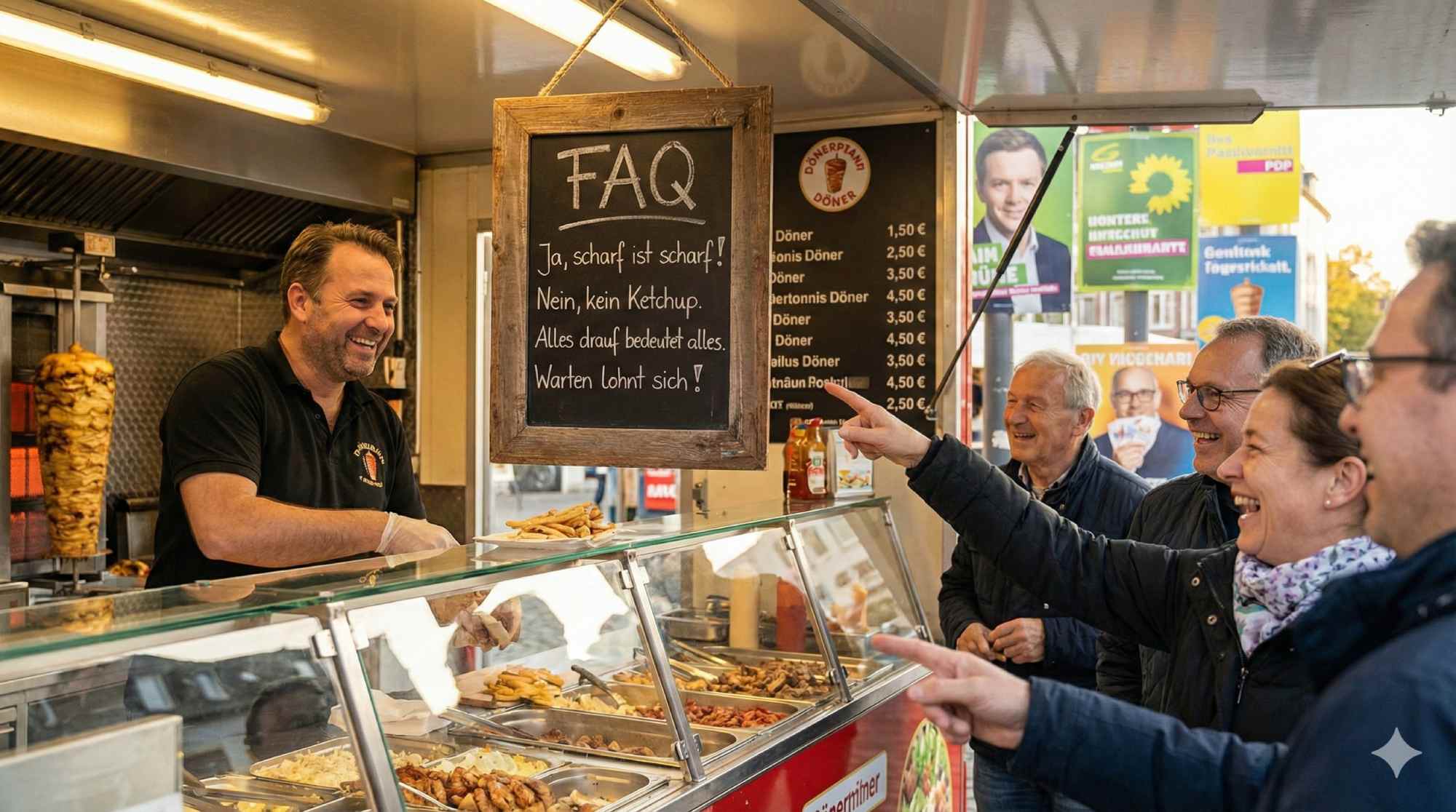 Derselbe Dönerstand vom Beitragsbild, aber jetzt aus einer anderen Perspektive. Der Dönermann hinter der Theke hat ein handgeschriebenes Schild mit „FAQ" an seine Preisliste gehängt, als wäre es ein Tagesangebot. Kunden in der Schlange zeigen amüsiert darauf. Das FAQ-Schild ist auf einem kleinen Holzbrettchen geschrieben, mit Kreide, wie eine Tageskarte. Warmes Licht, authentische Dönerbuden-Atmosphäre.