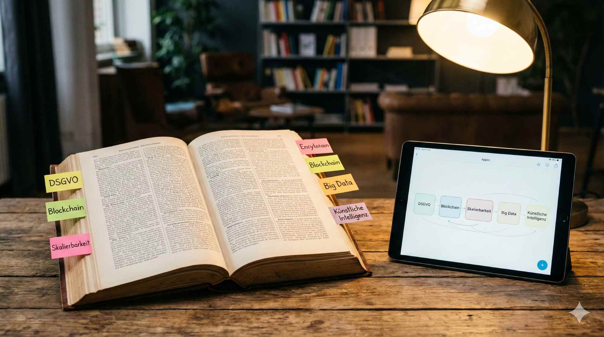 Ein aufgeschlagenes schweres Lexikon auf einem Holztisch, aber zwischen den Seiten stecken bunte Post-it-Zettel mit Begriffen wie „DSGVO", „Blockchain" und „Skalierbarkeit". Neben dem Buch steht ein Tablet, das dieselben Begriffe in einer modernen App-Oberfläche zeigt. Im Hintergrund eine unscharfe Büroumgebung. Warmes Leselicht, Wissensatmosphäre mit digitalem Twist.