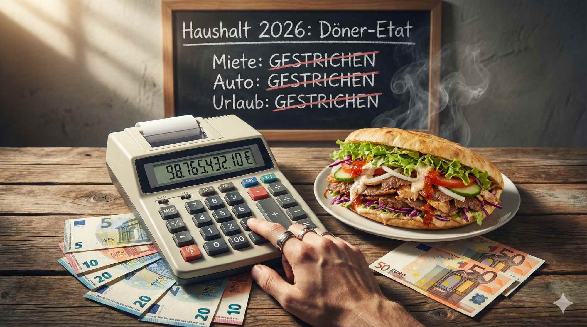 Ein Taschenrechner im Großformat liegt auf einem Tisch neben einem Teller mit einem perfekt angerichteten Döner. Um beides herum sind Euro-Scheine fächerförmig ausgelegt. Eine Hand tippt auf dem Taschenrechner, auf dessen Display eine absurd hohe Zahl steht. Im Hintergrund hängt eine Kreidetafel mit durchgestrichenen Budgetposten. Dramatisches Seitenlicht, der Döner dampft leicht.