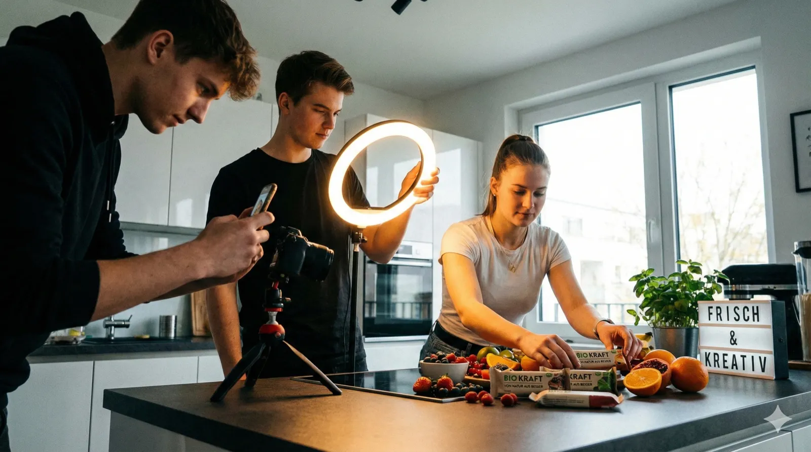 Eine Produktionscrew aus drei jungen Leuten filmt mit einem Smartphone auf einem Stativ ein farbenfrohes Food-Arrangement in einer modernen Küche. Einer hält ein Ringlicht, eine andere arrangiert Proteinriegel neben frischem Obst. Die Szene strahlt kreative Energie aus, warmes Kunstlicht mischt sich mit natürlichem Tageslicht. Froschperspektive auf die Szene. Reales Foto, Format 16:9.