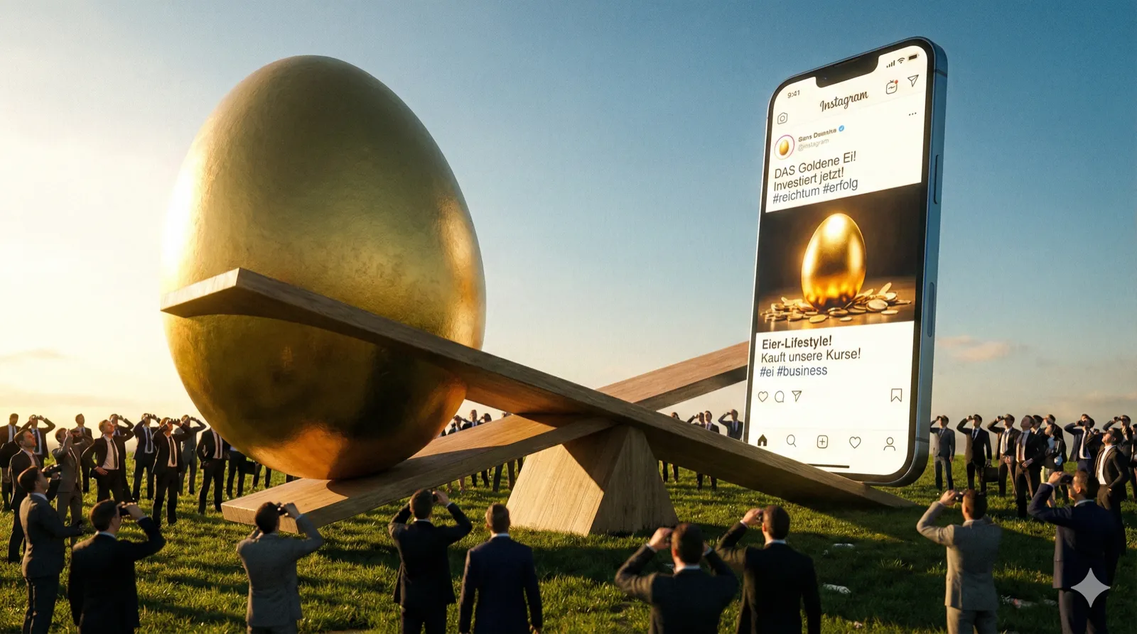 Ein übergroßes goldenes Ei balanciert auf einer Wippe gegenüber einem riesigen Smartphone, das einen Instagram-Feed zeigt. Drumherum stehen winzige Businessleute in Anzügen, die ratlos nach oben schauen. Surreale Perspektive von unten, dramatisches Seitenlicht, leicht satirisch übertrieben. Reales Foto, Format 16:9.