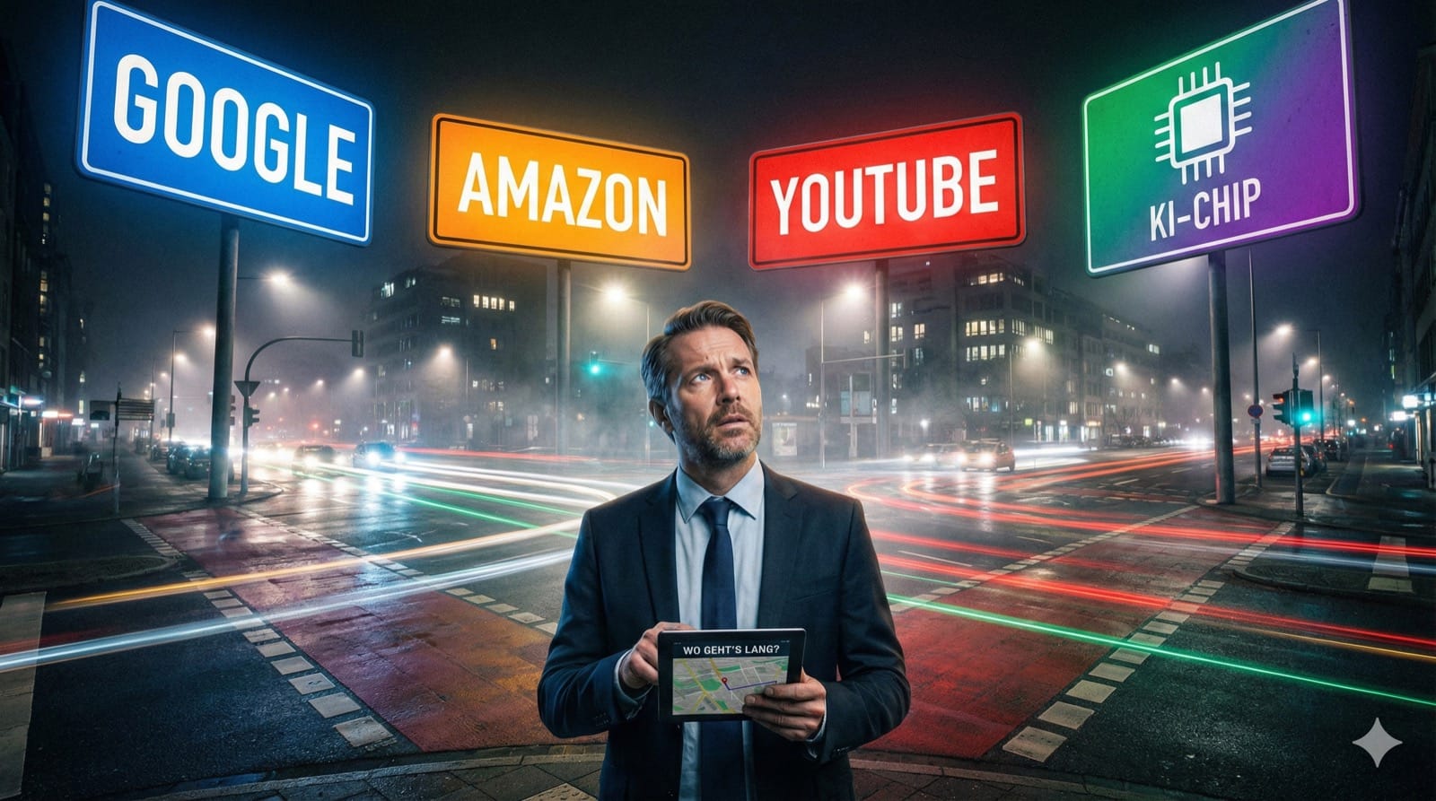 Ein Geschäftsmann Mitte 40 steht ratlos vor einer riesigen Kreuzung mit vier leuchtenden Straßenschildern: Google, Amazon, YouTube und einem KI-Chip-Symbol. Jede Straße führt in eine andere Richtung, unterschiedliche Farbgebung pro Weg. Abendliche Großstadtatmosphäre, dramatisches Gegenlicht, leichter Nebel. Der Mann hält ein Tablet in der Hand und blickt nach oben zu den Schildern.