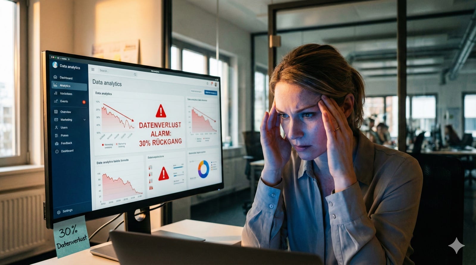 Eine gestresste Marketing-Managerin Mitte 30 sitzt vor einem großen Monitor, auf dem ein Analytics-Dashboard mit fallenden Kurven und roten Warnsymbolen zu sehen ist. Sie hält sich die Hände an die Schläfen. Im Hintergrund ein modernes Büro mit Glaswänden. Warmes Seitenlicht fällt durch ein großes Fenster, der Monitor wirft blaues Licht auf ihr Gesicht. Auf einem Post-it am Monitorrand steht „30% Datenverlust". Sollte in dem Bild Text vorkommen, diesen in Deutsch ausgeben. Reales Foto, Format 16:9.