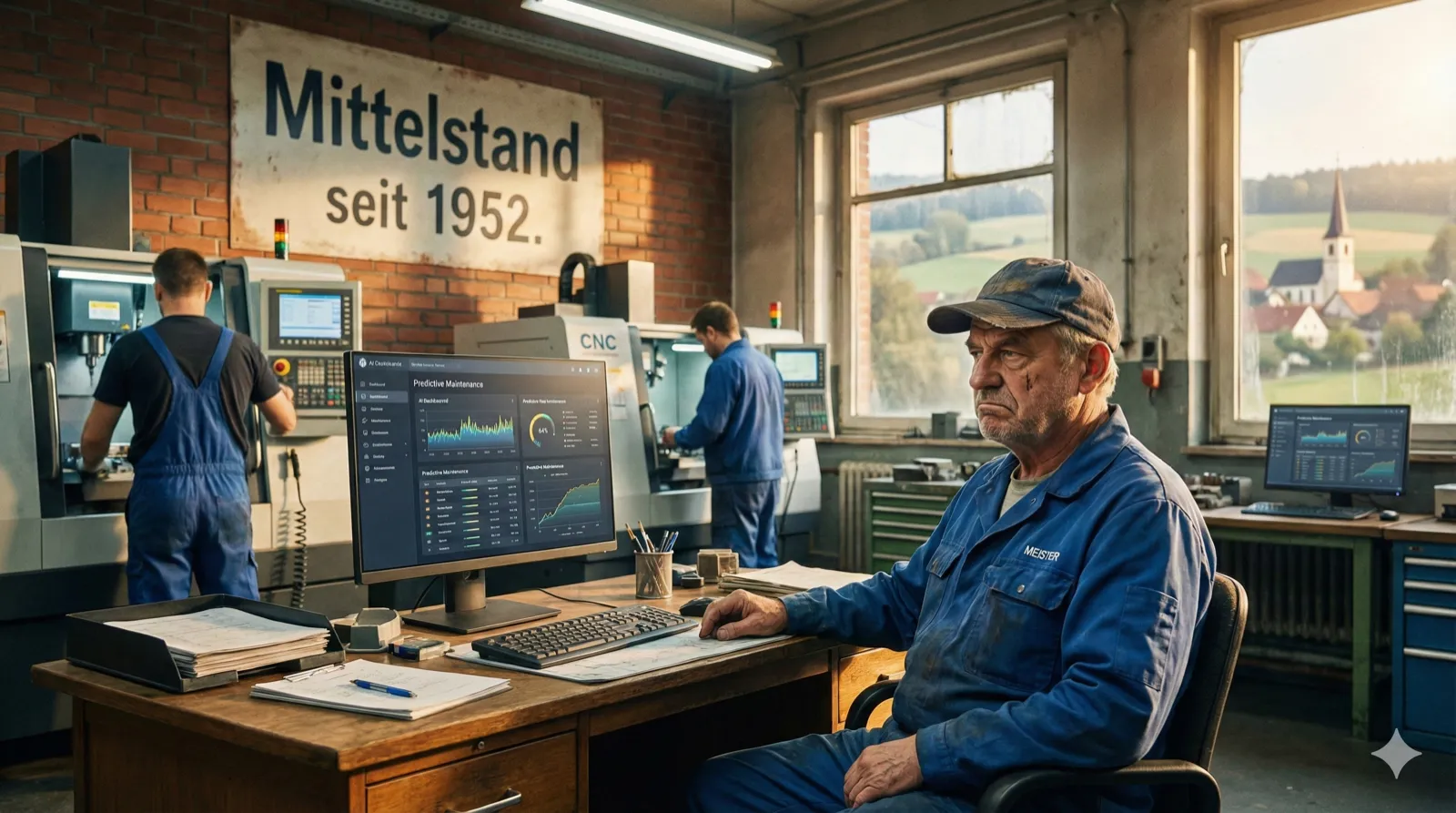 Eine typisch deutsche Werkshalle mit CNC-Maschinen und dem Schild „Mittelstand seit 1952" an der Wand. Im Vordergrund sitzt ein Meister in Arbeitskleidung an seinem Schreibtisch und blickt skeptisch auf einen Bildschirm, der KI-Dashboards zeigt. Hinter ihm arbeiten Fachkräfte an Maschinen. Durch das Fenster sieht man eine ländliche deutsche Landschaft mit Kirchturm. Warmes Nachmittagslicht mischt sich mit dem kühlen Bildschirmleuchten. Reales Foto, Format 16:9.