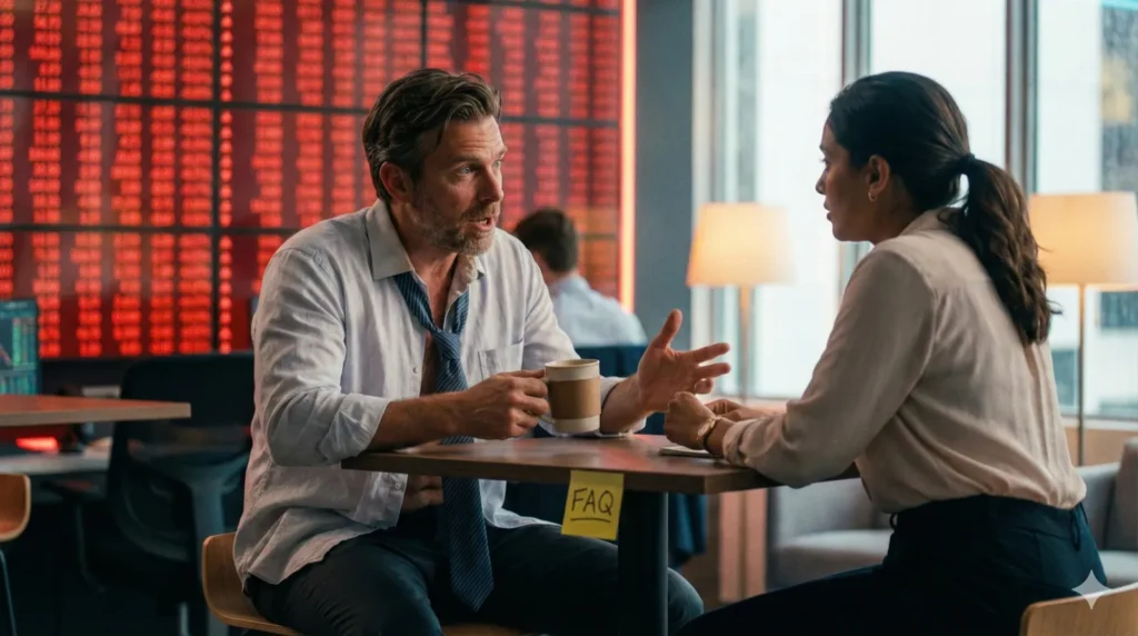 Derselbe Börsenhändler wie im Beitragsbild, diesmal in der Kaffeepause an einem Stehtisch. Er hält eine Tasse in der Hand und erklärt einer Kollegin etwas, dabei gestikuliert er lebhaft. Im Hintergrund sind die roten Kurse noch sichtbar, aber unscharf. Auf einem Post-it am Stehtisch steht gut lesbar „FAQ". Warmes Pausenraumlicht, entspanntere Atmosphäre als im Beitragsbild. Reales Foto, Format 16:9.