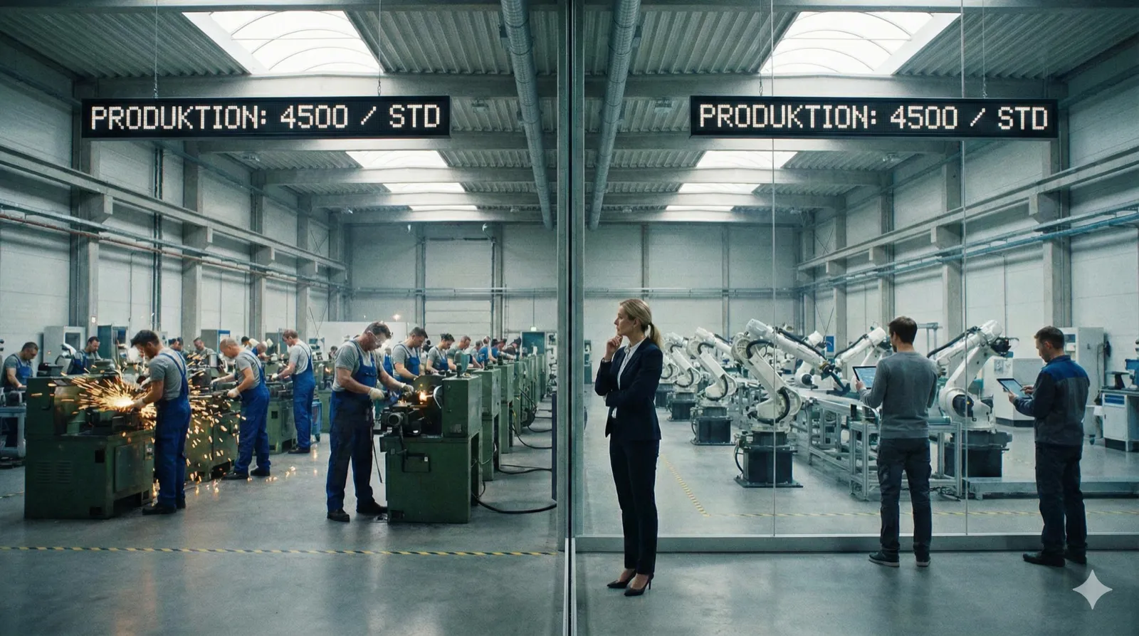 Zwei identische Fabrikhallen nebeneinander, getrennt durch eine Glaswand. Links arbeiten ein Dutzend Menschen an Maschinen, Schweiß auf der Stirn, volle Produktion. Rechts die gleiche Halle, aber nur zwei Personen steuern alles über Tablets, während Roboterarme die Arbeit erledigen. Über beiden Hallen schwebt eine identische digitale Anzeige mit derselben Produktionszahl. Eine Geschäftsfrau steht an der Glaswand und schaut nachdenklich von einer Seite zur anderen. Natürliches Industrielicht durch Oberlichter. Reales Foto, Format 16:9.