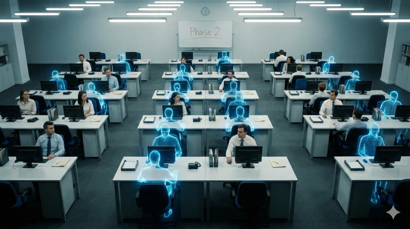 Eine surreale Bürolandschaft von oben fotografiert. Dutzende identische Schreibtische in perfekten Reihen, aber an jedem zweiten Platz sitzt statt eines Menschen ein transparenter, bläulich leuchtender Hologramm-Umriss. Die verbliebenen realen Mitarbeiter schauen irritiert auf die leeren Stühle neben sich. Auf einem Whiteboard im Hintergrund steht in roter Schrift „Phase 2". Kaltes Fluoreszenzlicht von oben, leicht entsättigte Farben. Reales Foto, Format 16:9.
